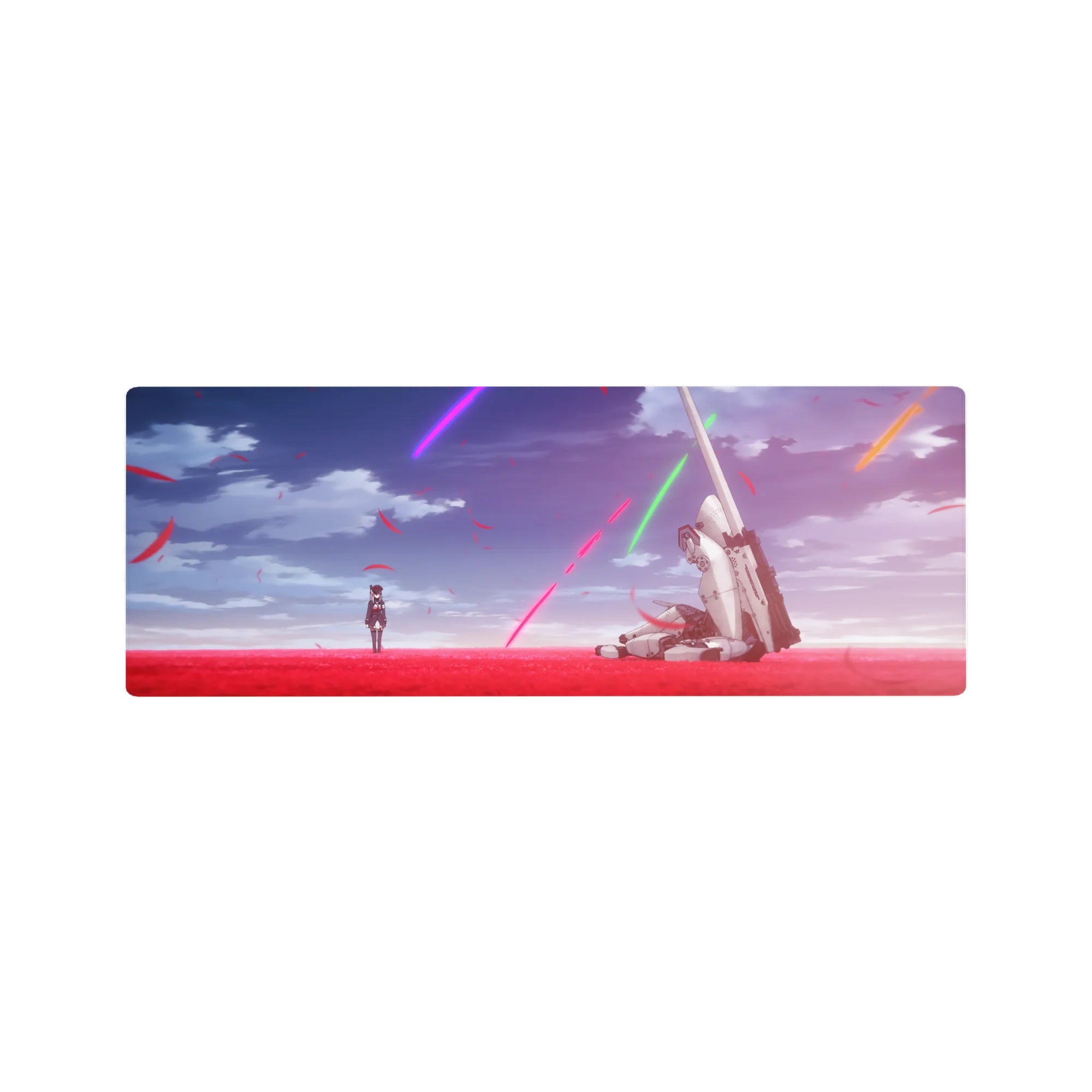32x12 inches anime mouse pad with girl in dark uniform, red petals field, fallen white mech, neon sky.