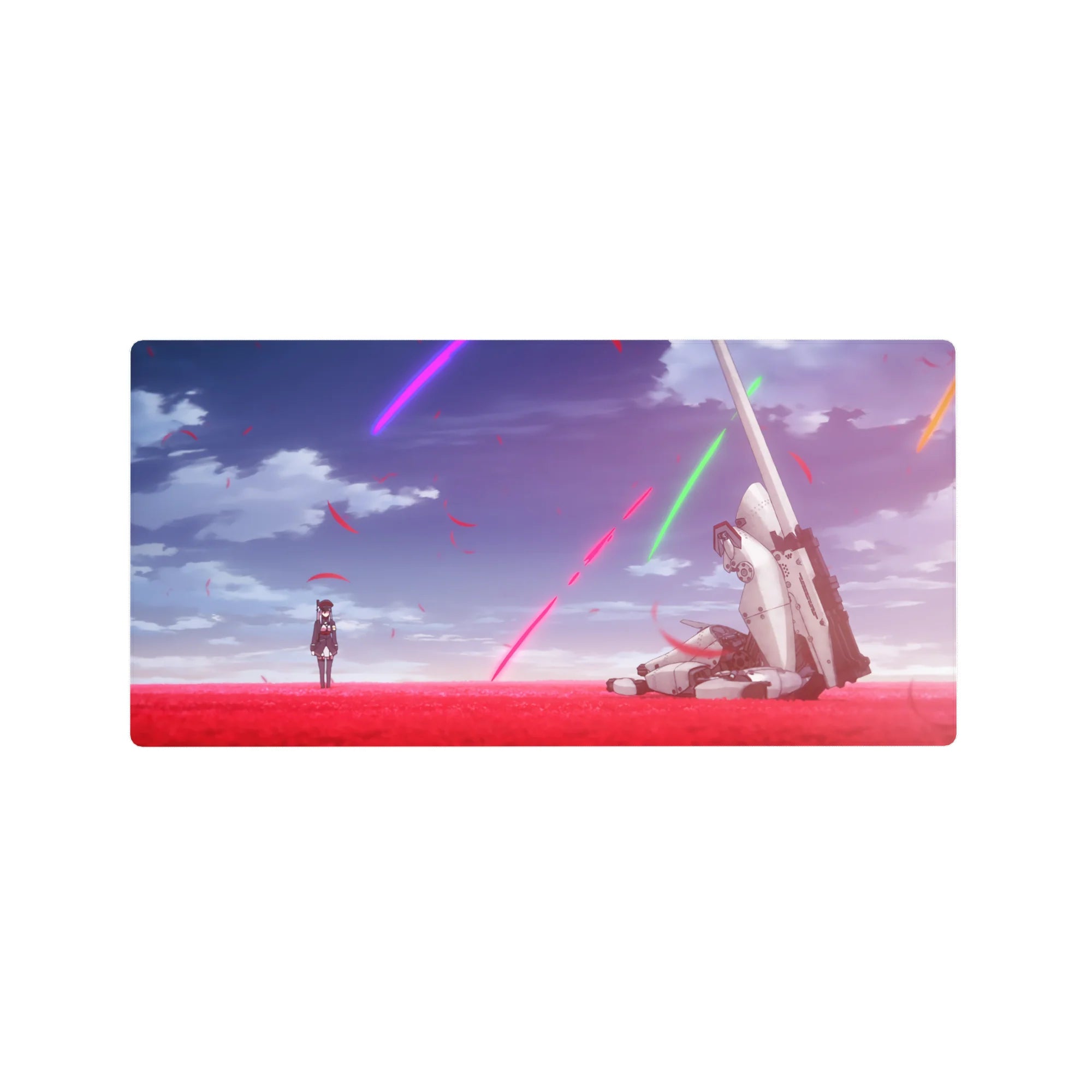32x16 inches anime mouse pad with girl in dark uniform before a fallen white mech in red petals.