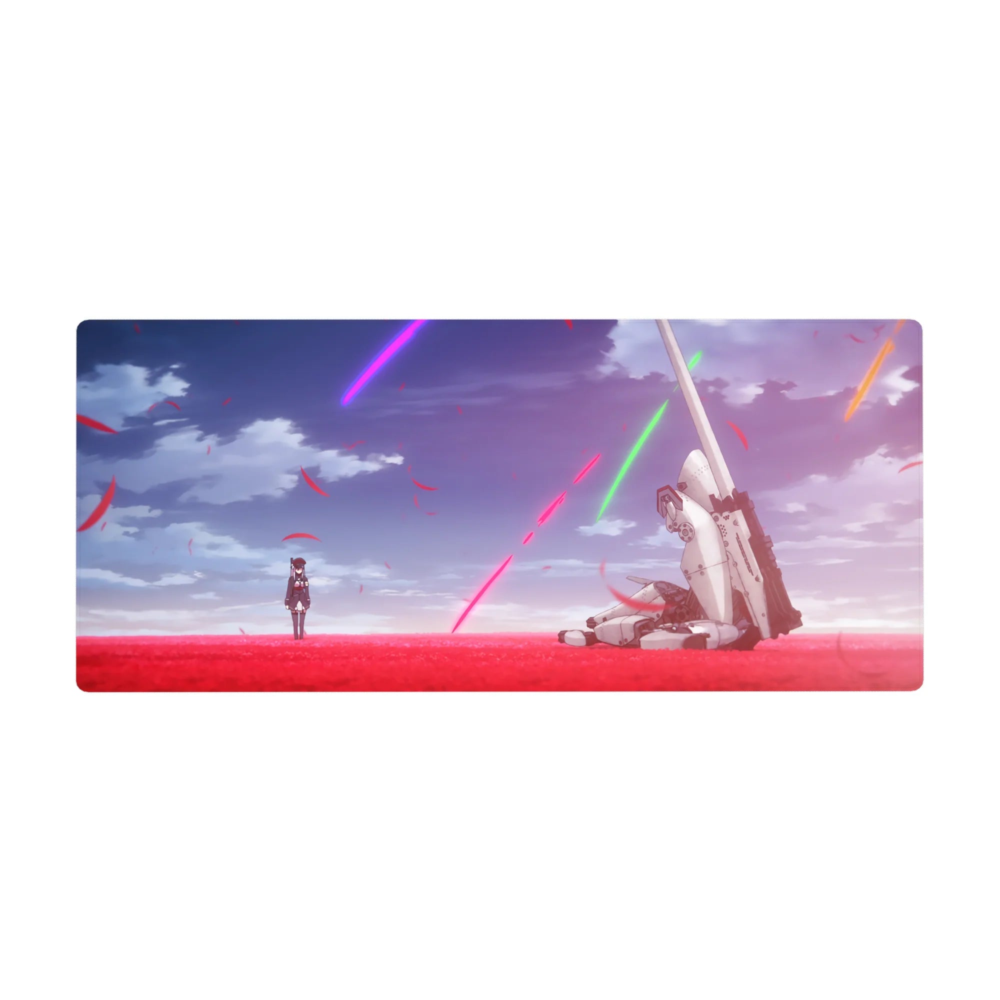 36x16 inches anime desk pad with girl in dark uniform amid red petals and a fallen white mech under neon sky.