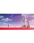 36x16 inches anime desk pad with girl in dark uniform amid red petals and a fallen white mech under neon sky.