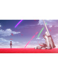 Anime desk pad 40x20 inches featuring girl in dark uniform, red petals field, fallen white mech, neon sky.
