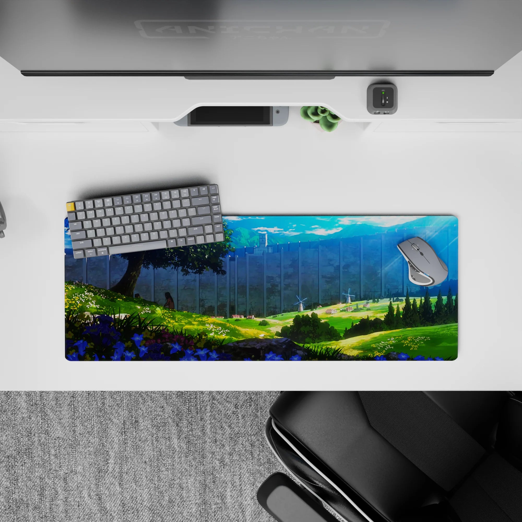 Anime mouse pad 32x12 inches featuring a serene Attack on Titan scene with sunlight, wildflowers, and the massive wall.