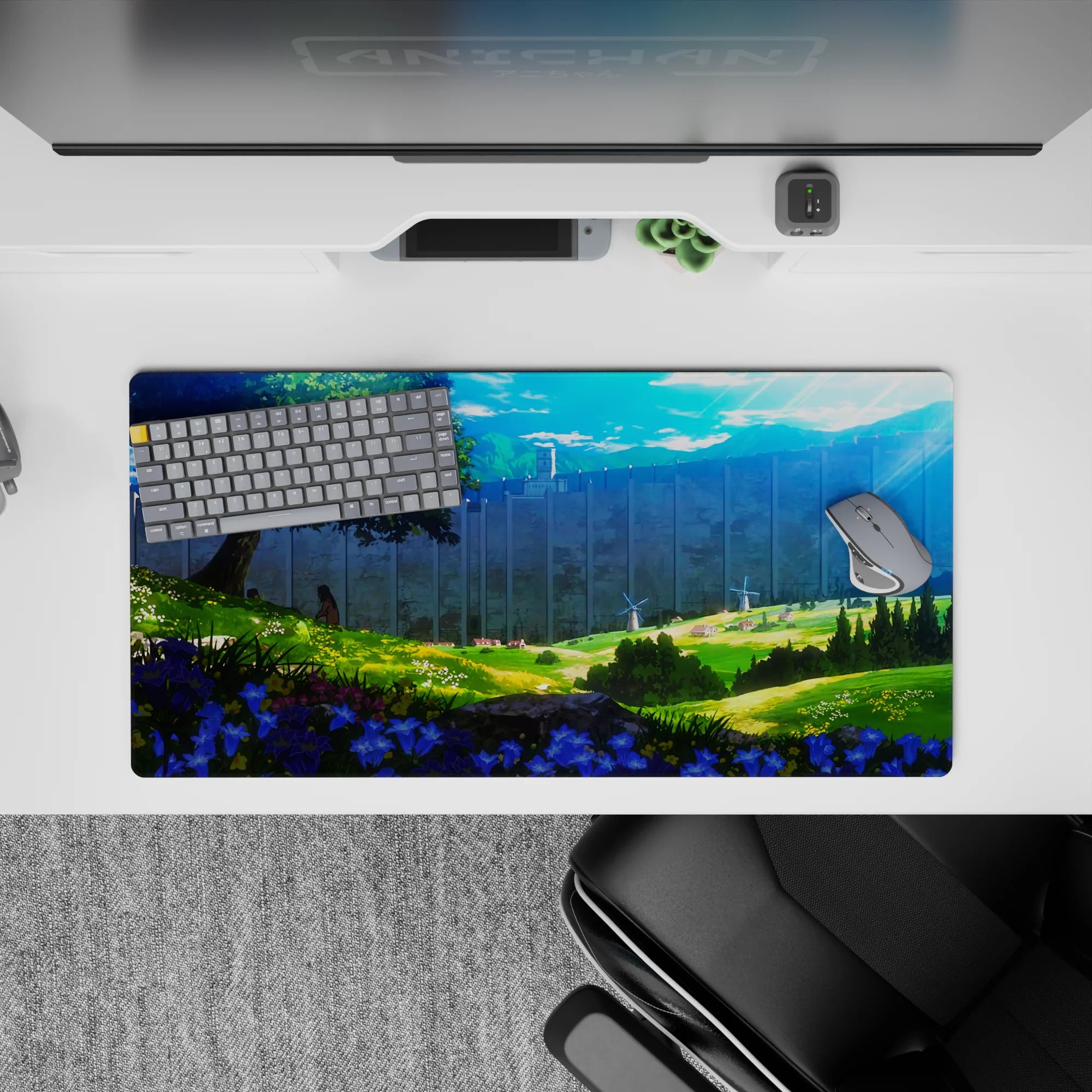 Attack on Titan anime mouse pad, 32x16 inches, featuring a peaceful scene with sunlight, wildflowers, and the iconic wall.
