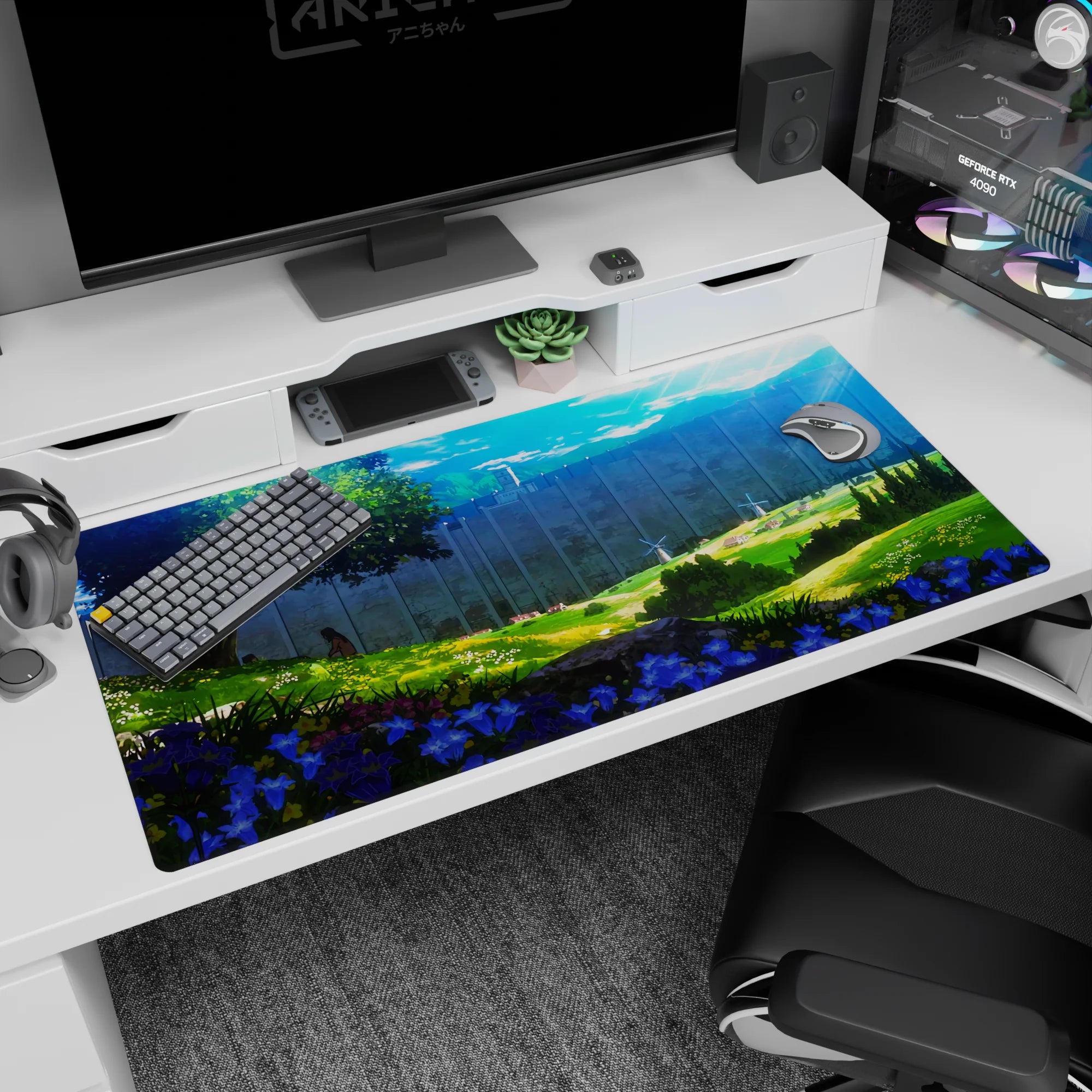 Anime mouse pad 40x20 inches featuring a serene Attack on Titan scene with sunlight, wildflowers, and the massive wall.