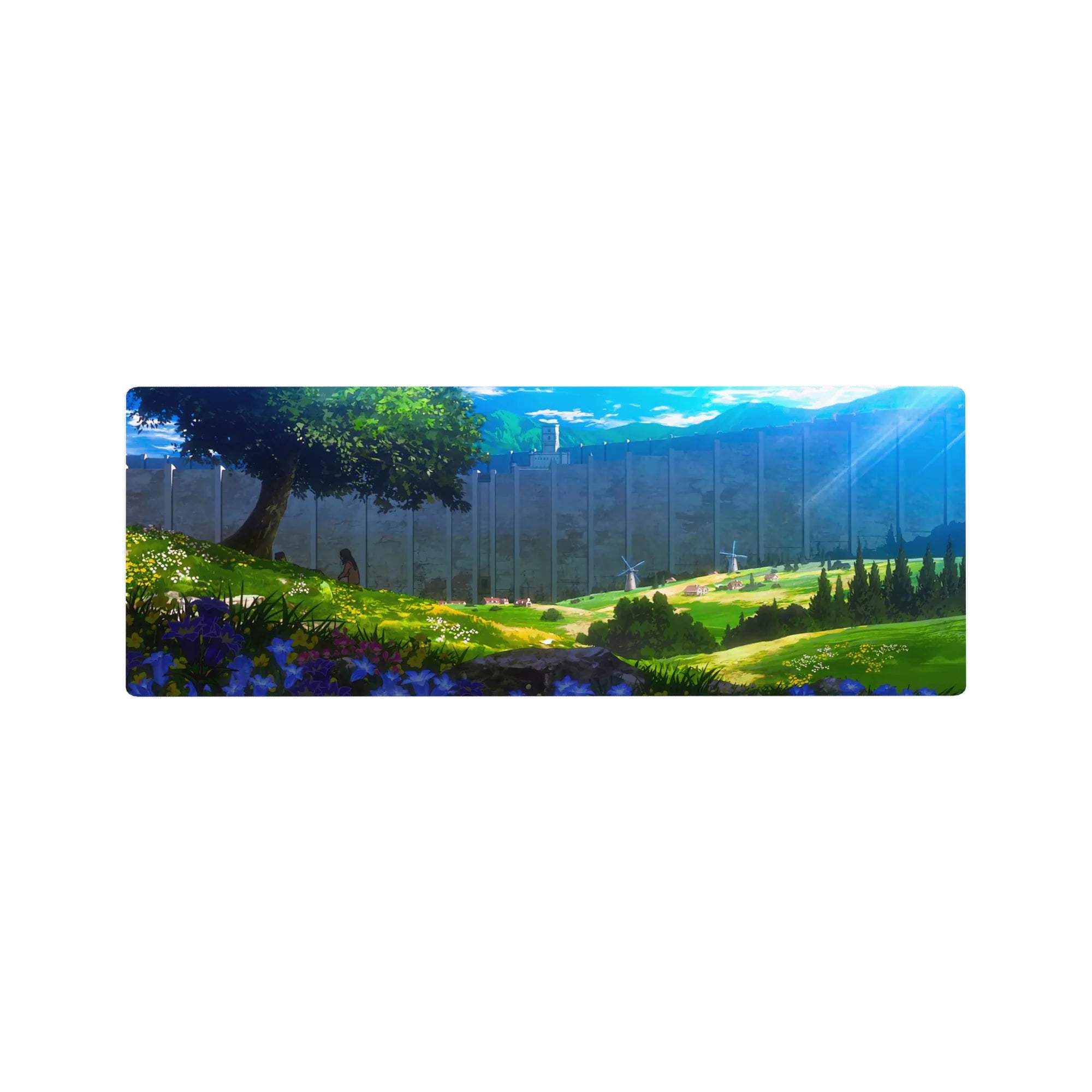Attack on Titan anime mouse pad, 32x12 inches, features a tranquil scene with sunlight, wildflowers, and a distant wall.