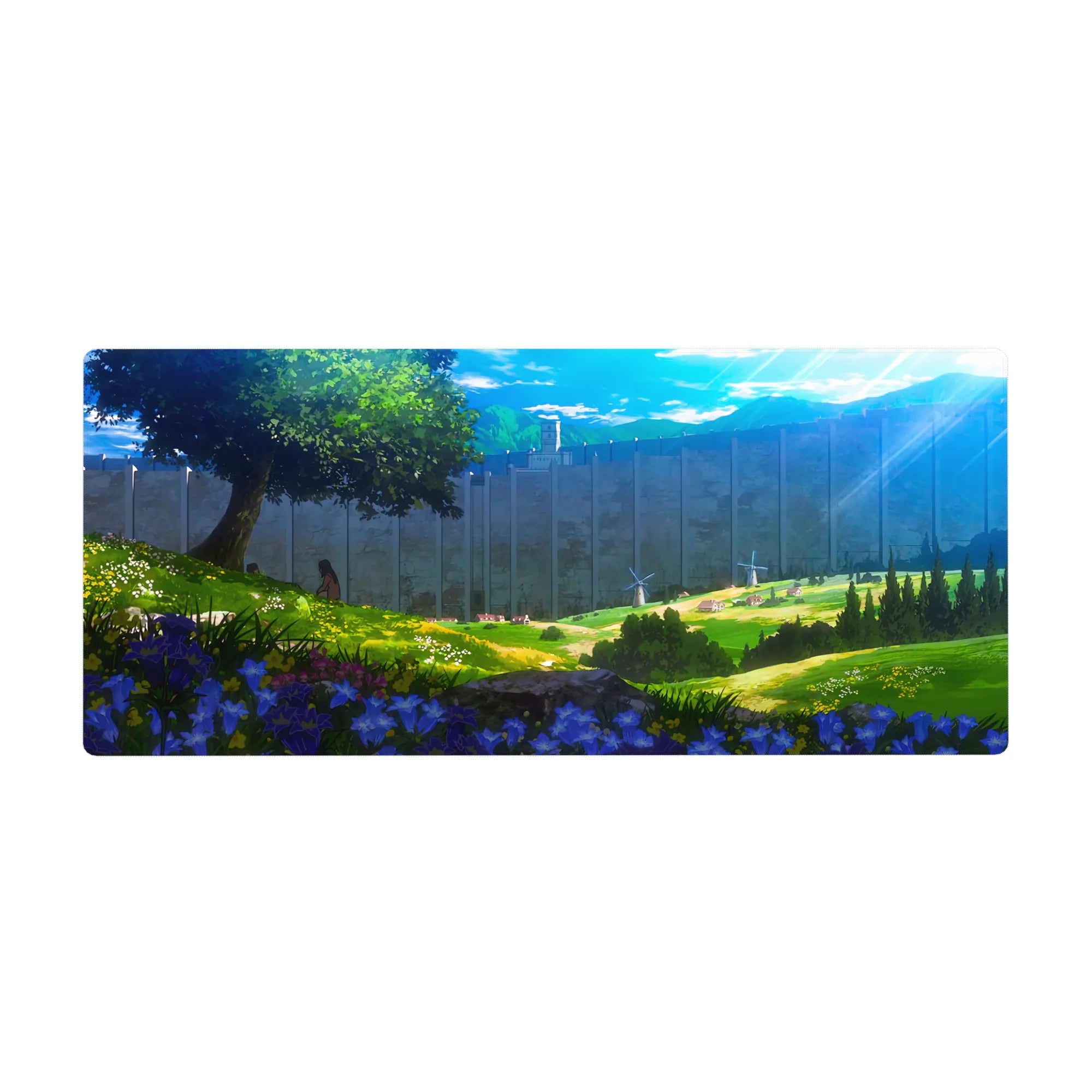 Attack on Titan anime desk pad, 36x16 inches, featuring serene landscape with wildflowers, wall, and windmills in sunlight.