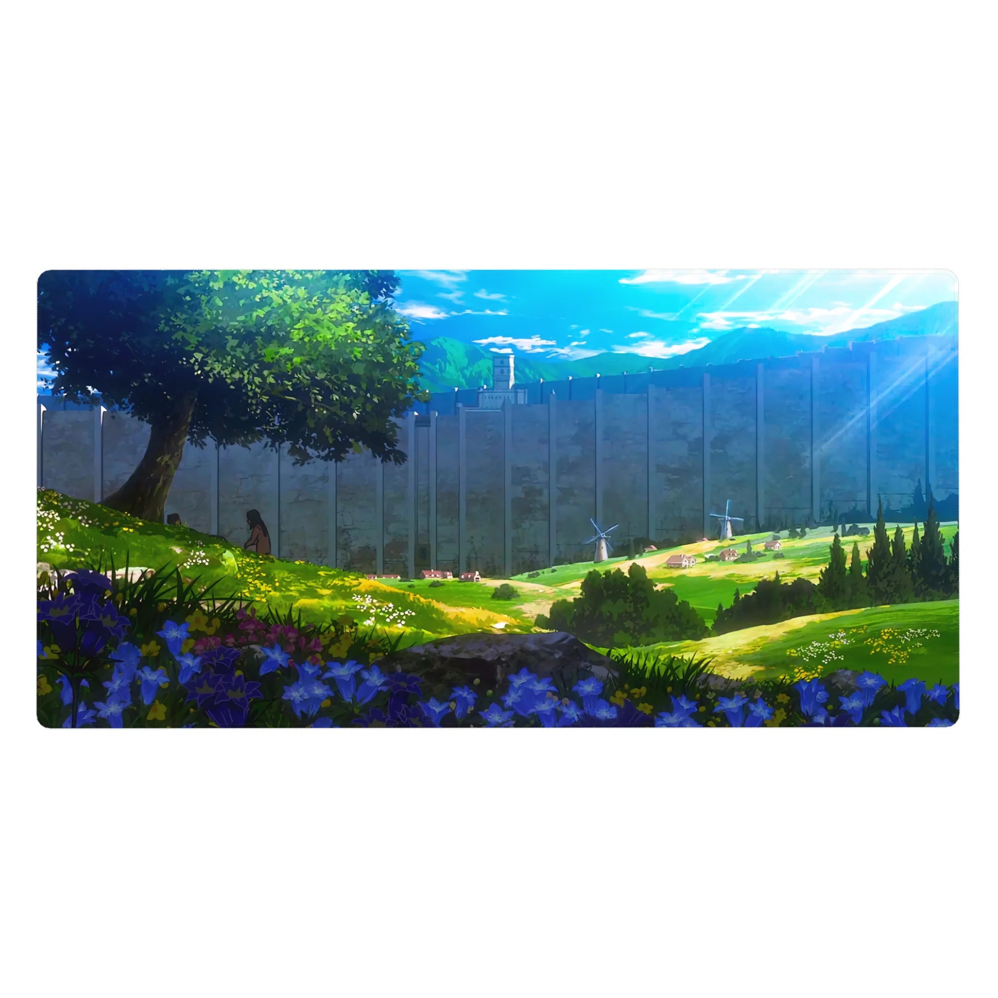 Anime desk pad 40x20 inches featuring Attack on Titan scene with sunlight, wildflowers, and the iconic wall in the distance.