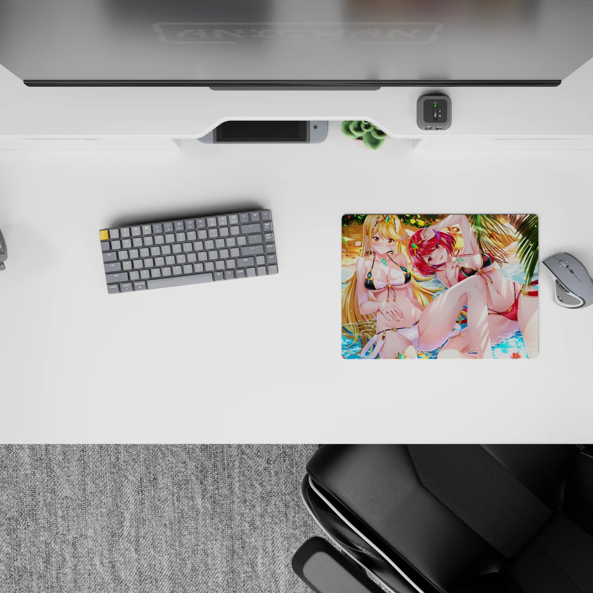 14x10 inches anime girl mouse pad in ocean blues with glossy reds, gold hair, and jewel-like accents.