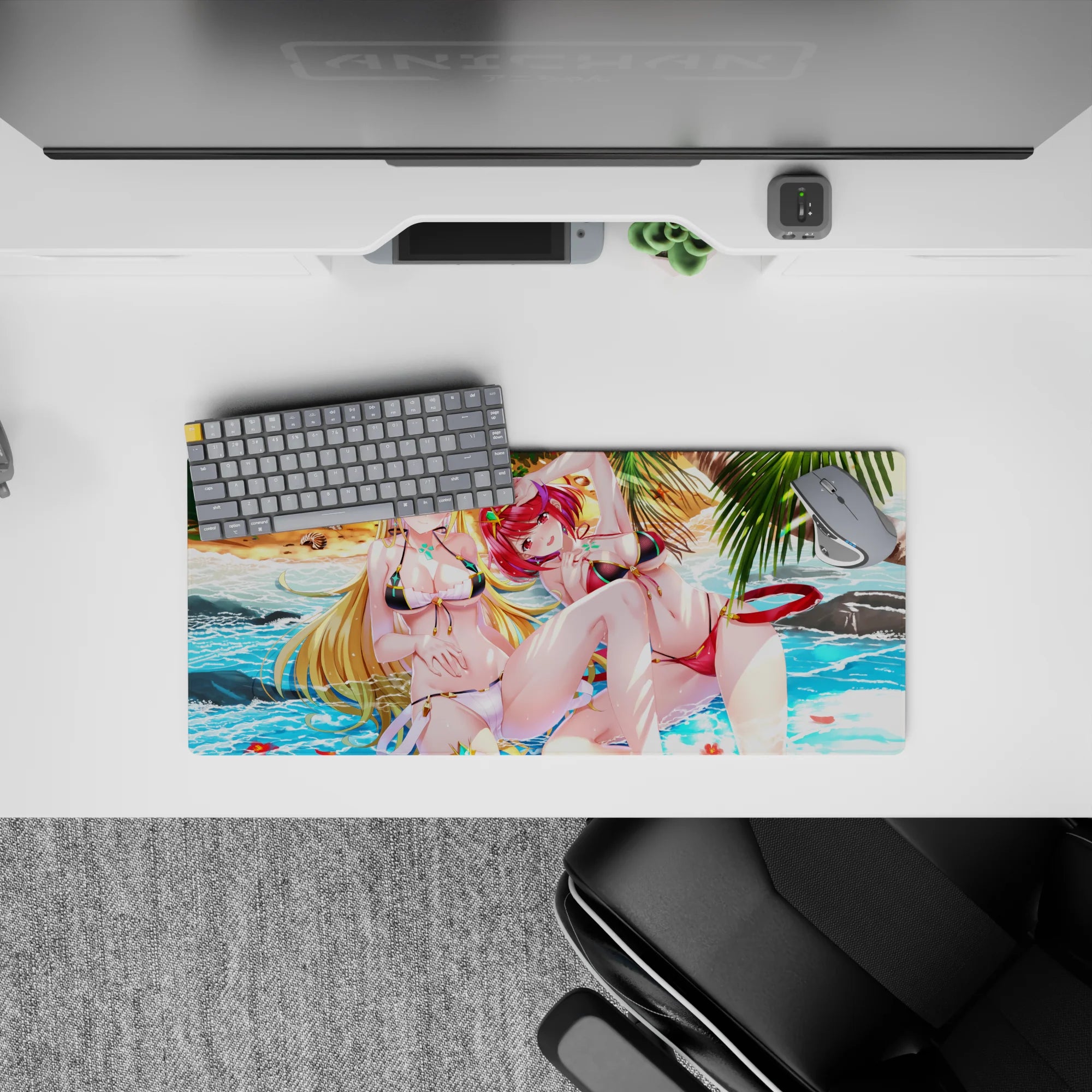 Anime girl mouse pad 28x12 inches in ocean blues with glossy reds, warm gold hair, and jewel accents.