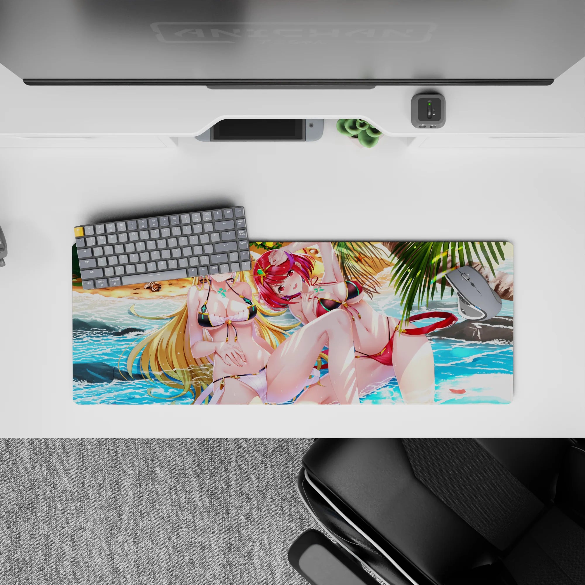 Anime girl mouse pad 32x12 inches in ocean blues with glossy reds, golden hair, and jewel-bright details.