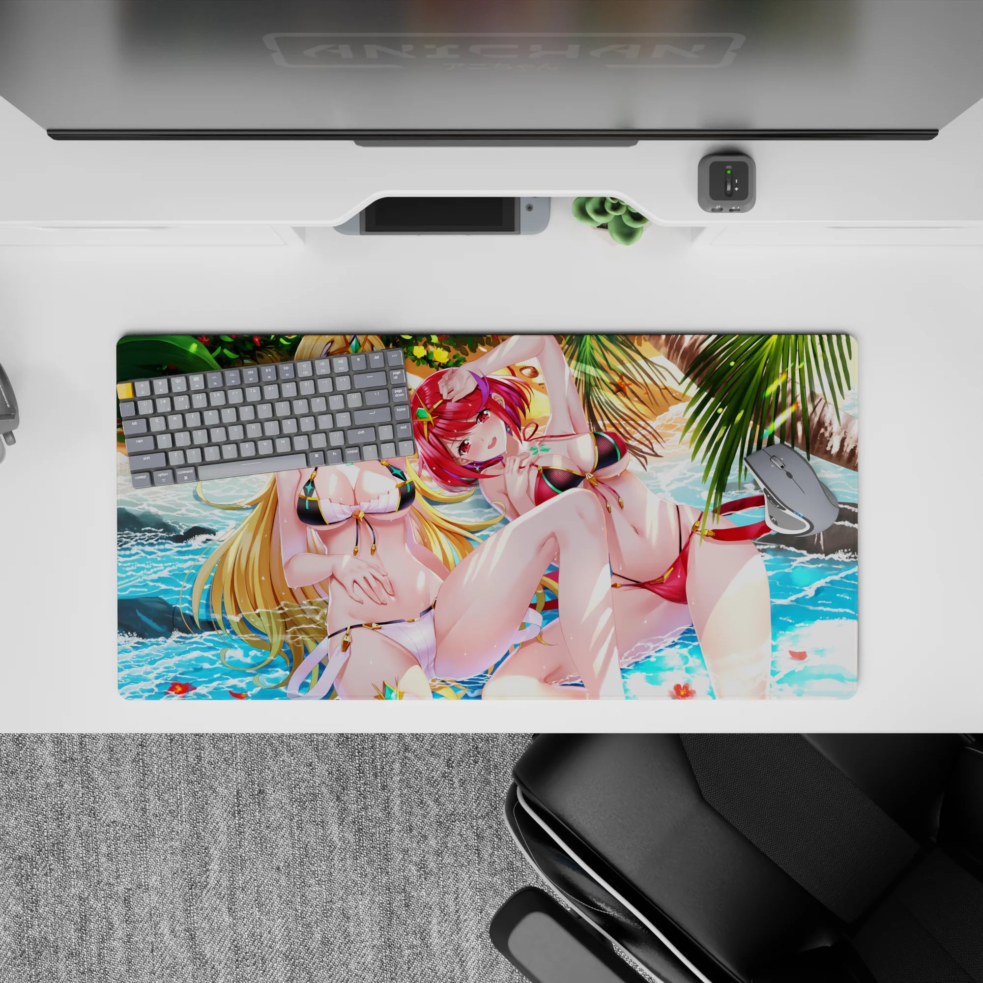 Anime girl mouse pad 32x16 inches in ocean blues with glossy reds, golden hair, and jewel-like accents.
