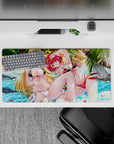 Anime girl mouse pad 32x16 inches in ocean blues with glossy reds, golden hair, and jewel-like accents.