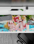 Colorful anime girl desk pad 36x16 inches in ocean blues with glossy reds, golden hair, and jewel details.