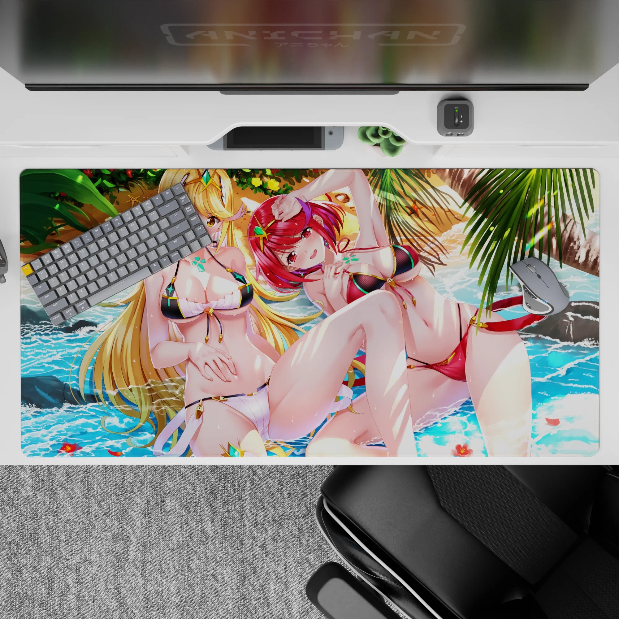 Anime girl desk pad 40x20 inches in ocean blues with glossy reds, golden hair, and a flirty summer vibe.