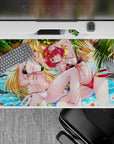 Anime girl desk pad 40x20 inches in ocean blues with glossy reds, golden hair, and a flirty summer vibe.
