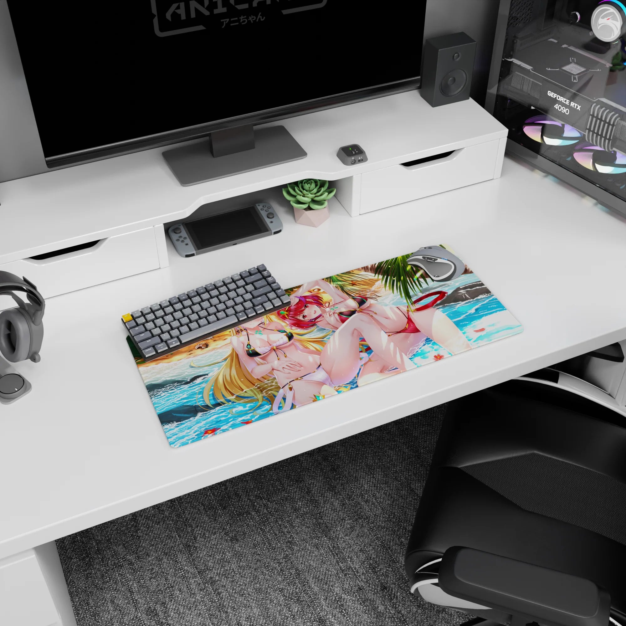 Anime girl mouse pad 28x12 inches featuring two sun-kissed girls lounging by bright turquoise surf.