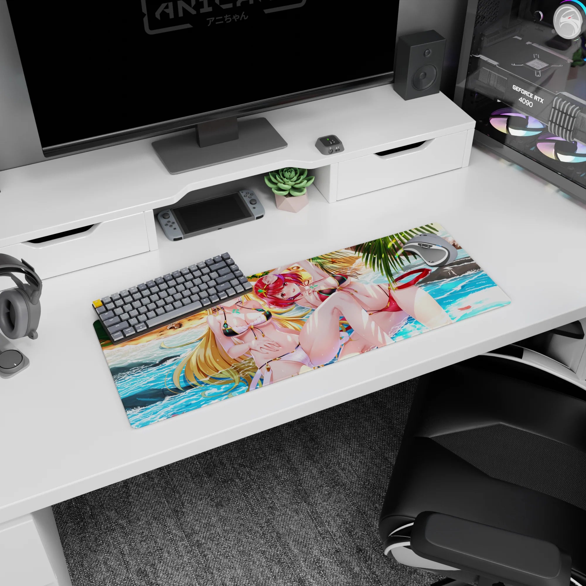 Anime girl mouse pad 32x12 inches showing two sun-kissed girls lounging by bright waves in a flirty beach scene.