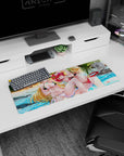 Anime girl mouse pad 32x12 inches showing two sun-kissed girls lounging by bright waves in a flirty beach scene.