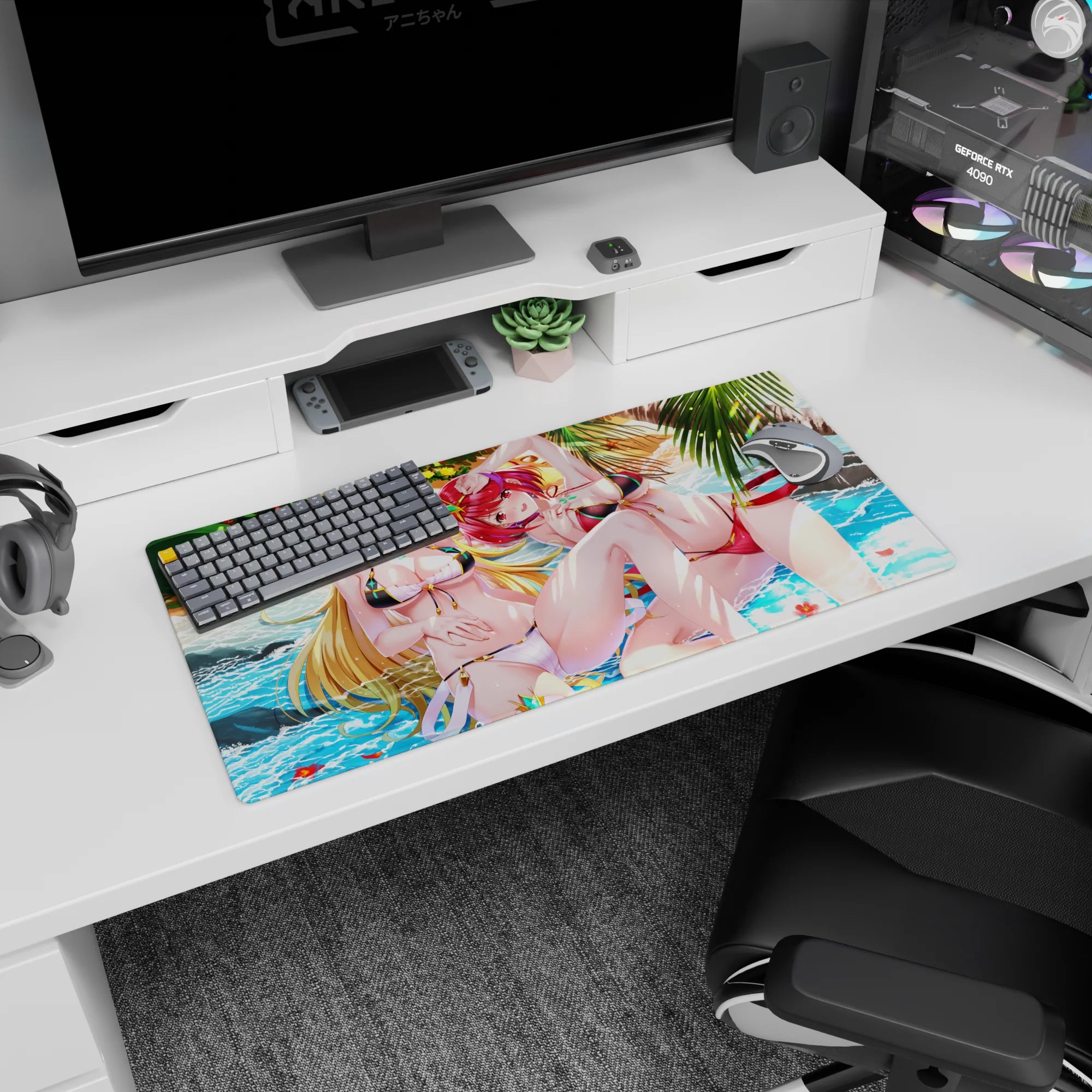 Anime girl mouse pad 32x16 inches showing two sun-kissed girls by bright turquoise waves under palm fronds.