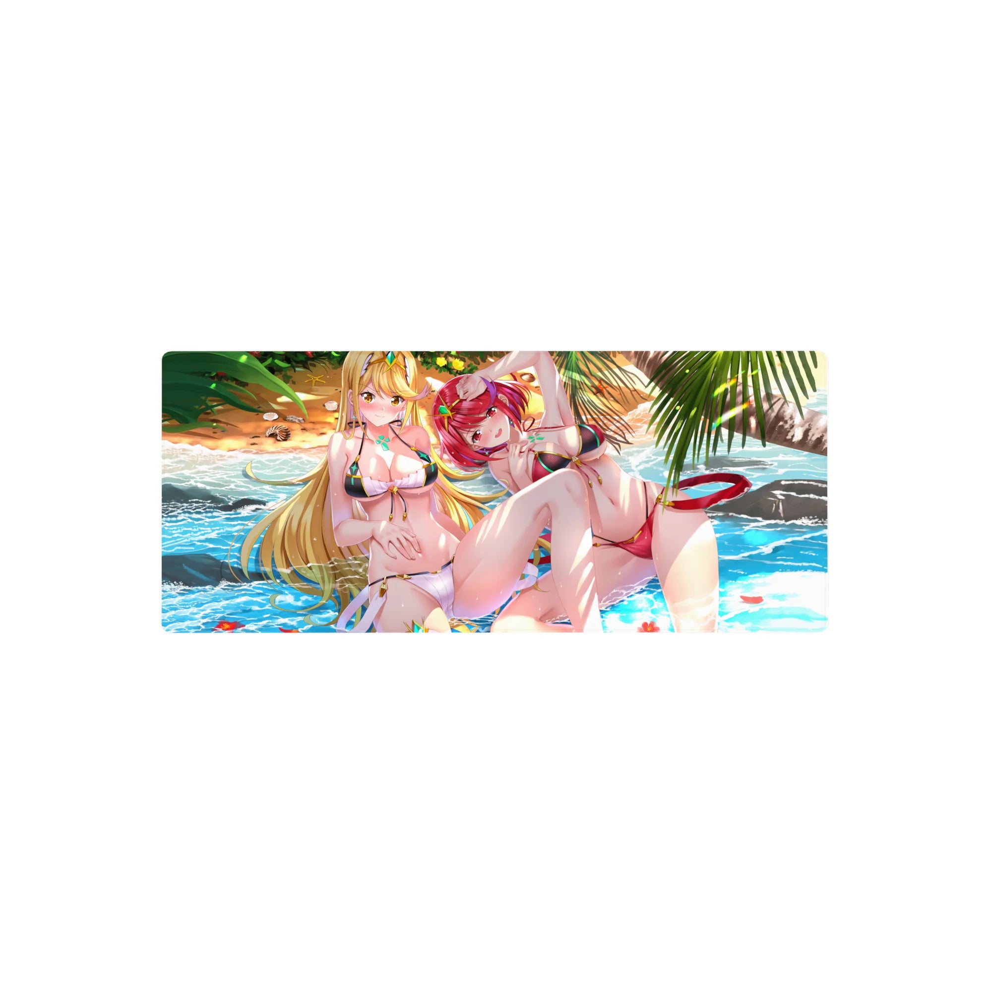 Anime girl mouse pad 28x12 inches with two beach babes, turquoise waves, palm leaves, and seashells.