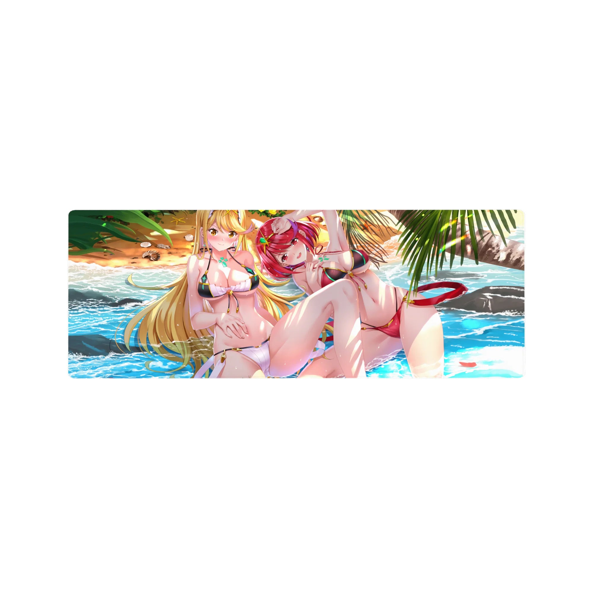 Anime girl mouse pad 32x12 inches with two beach girls, turquoise sea, palm leaves, and seashell accents.