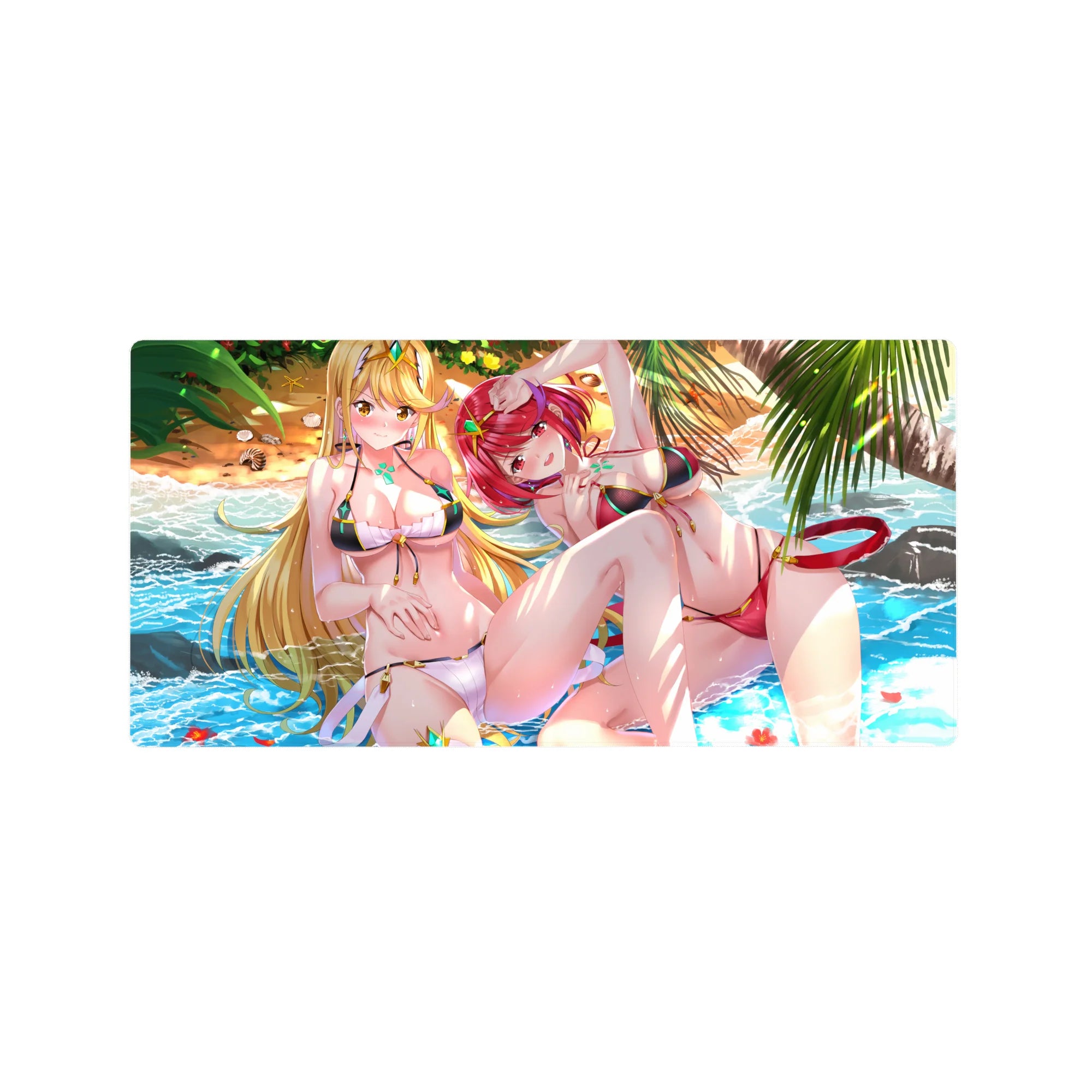 Anime girl mouse pad 32x16 inches with two beach lounging girls, palm leaves, shells, and turquoise sea.