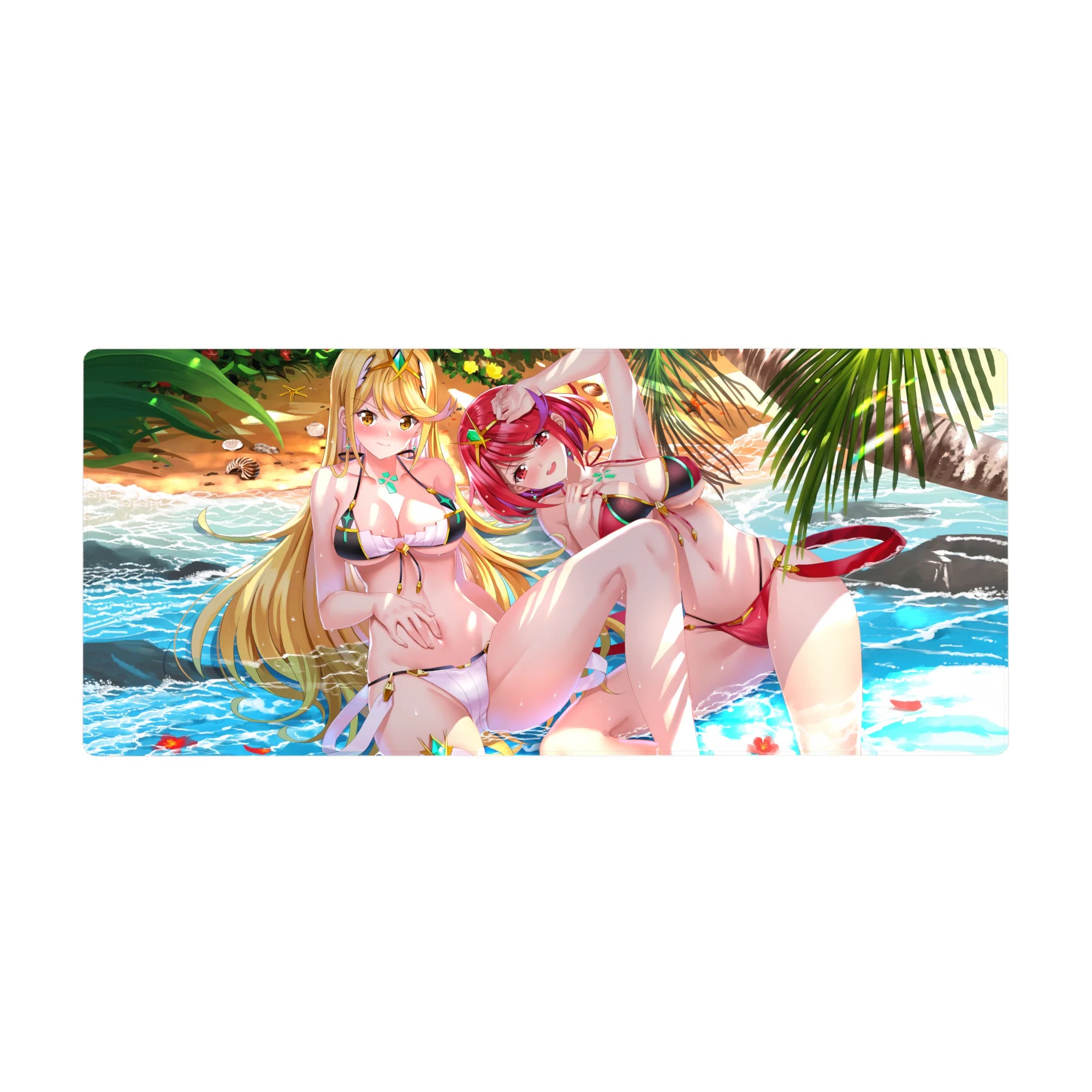 Anime girl desk pad 36x16 inches with two beach babes, turquoise sea, palm leaves, and seashell accents.