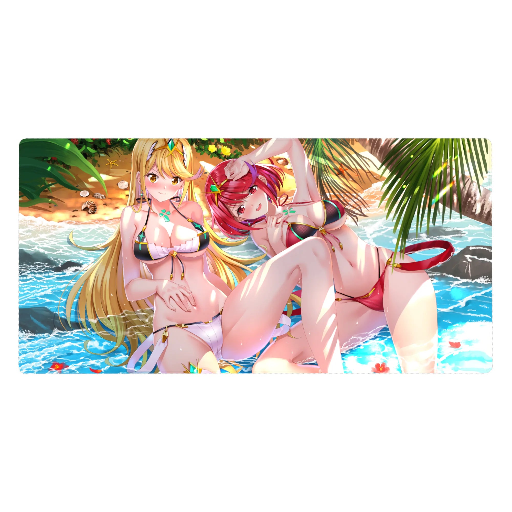 Anime girl desk pad 40x20 inches with two beach babes, palm leaves, seashells, and turquoise ocean.