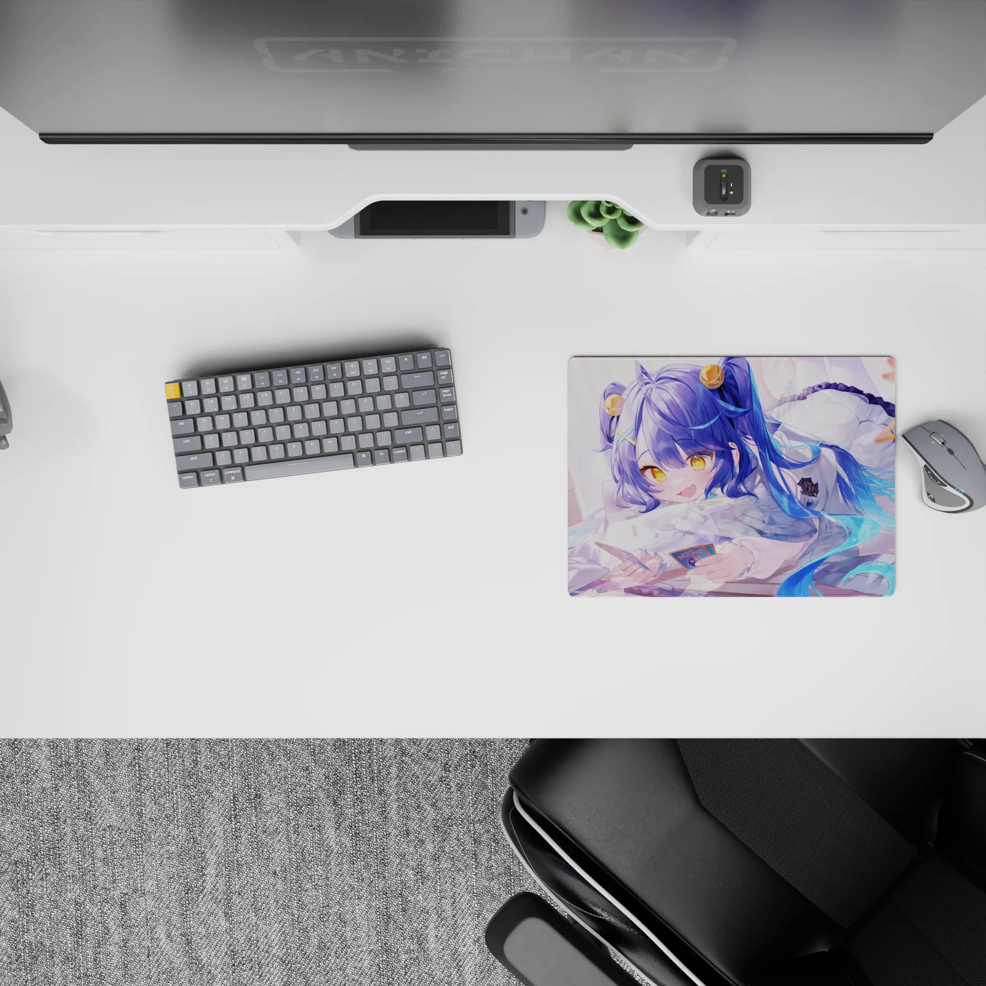 Cozy pastel anime mouse pad 14x10 inches in creamy white, sky blue, and honey yellow for a sweet desk vibe.