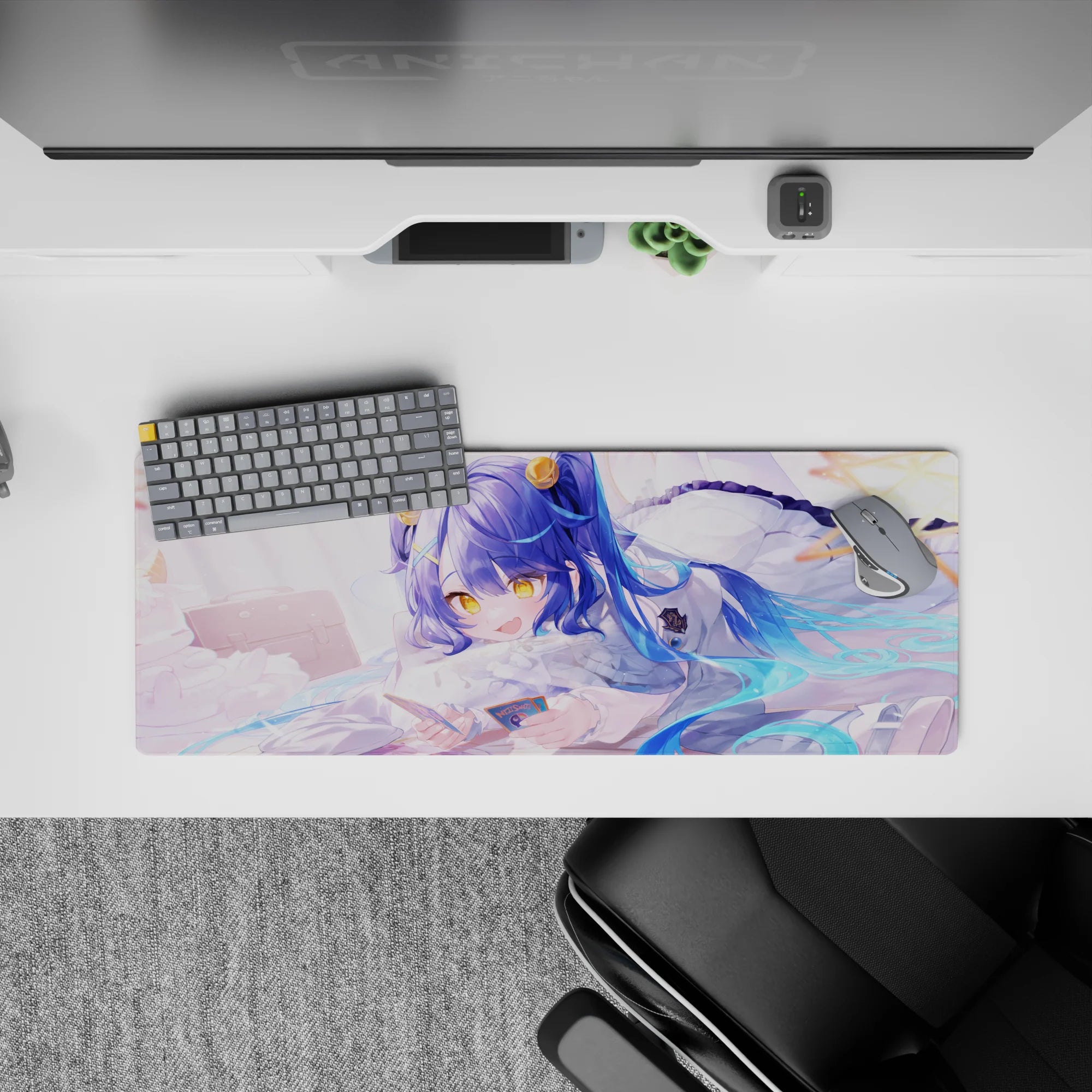 32x12 inches pastel desk mouse pad in creamy white, sky blue, and honey yellow for a cozy kawaii vibe.