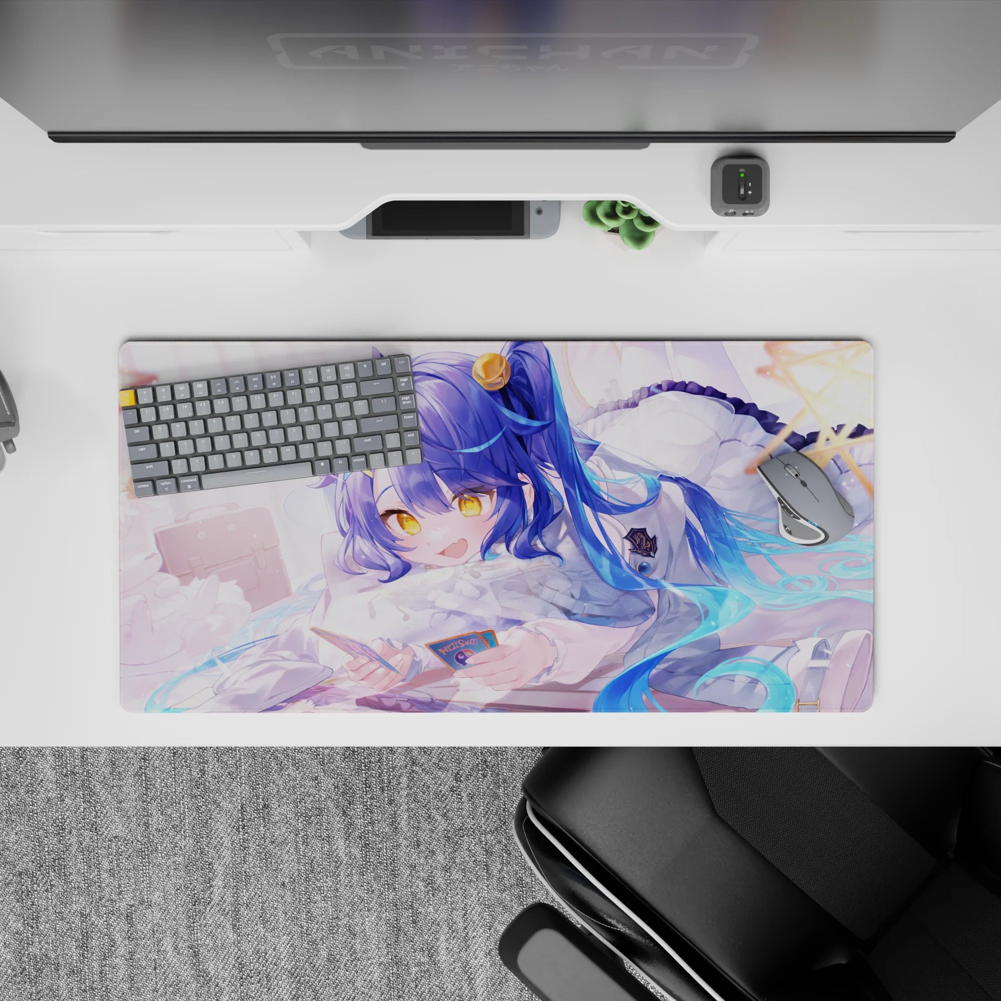 Cozy pastel anime girl mouse pad 32x16 inches in creamy white, sky blue, honey yellow, soft dreamy light.