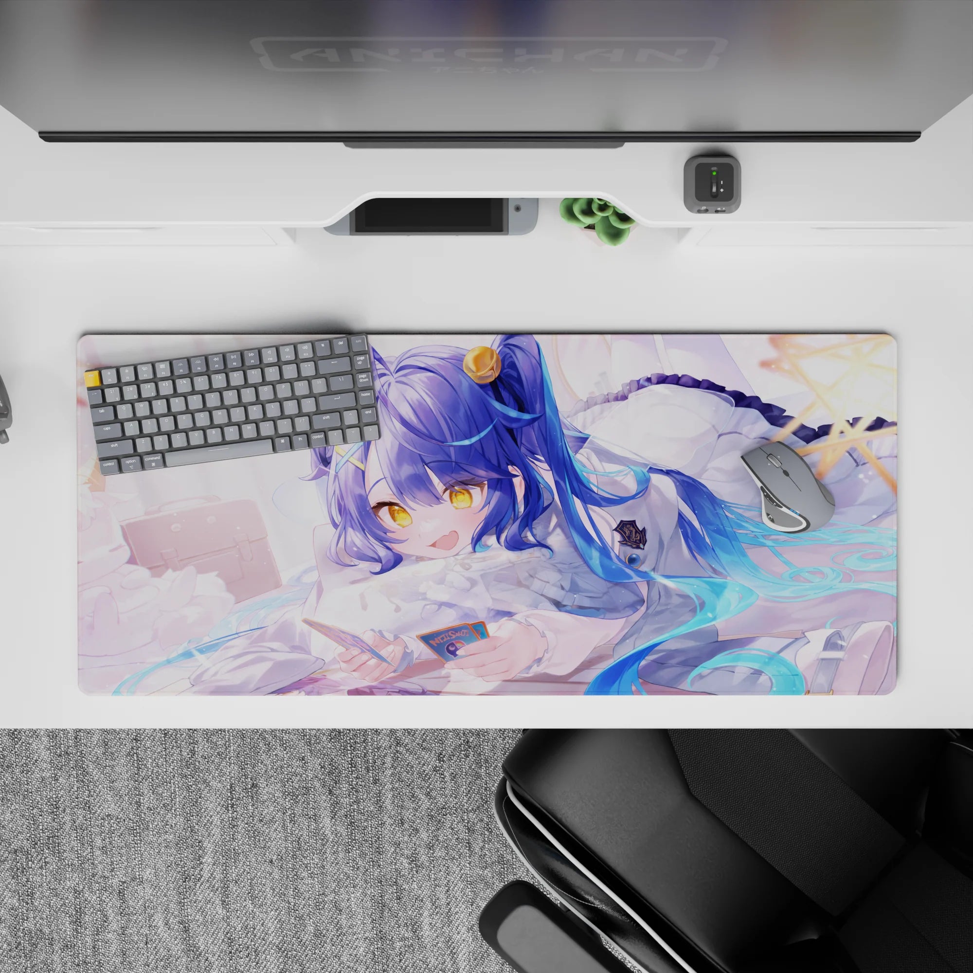 Cozy pastel anime desk pad 36x16 inches in creamy white, sky blue, and honey yellow for smooth tracking.