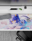 Cozy pastel anime desk pad 36x16 inches in creamy white, sky blue, and honey yellow for smooth tracking.