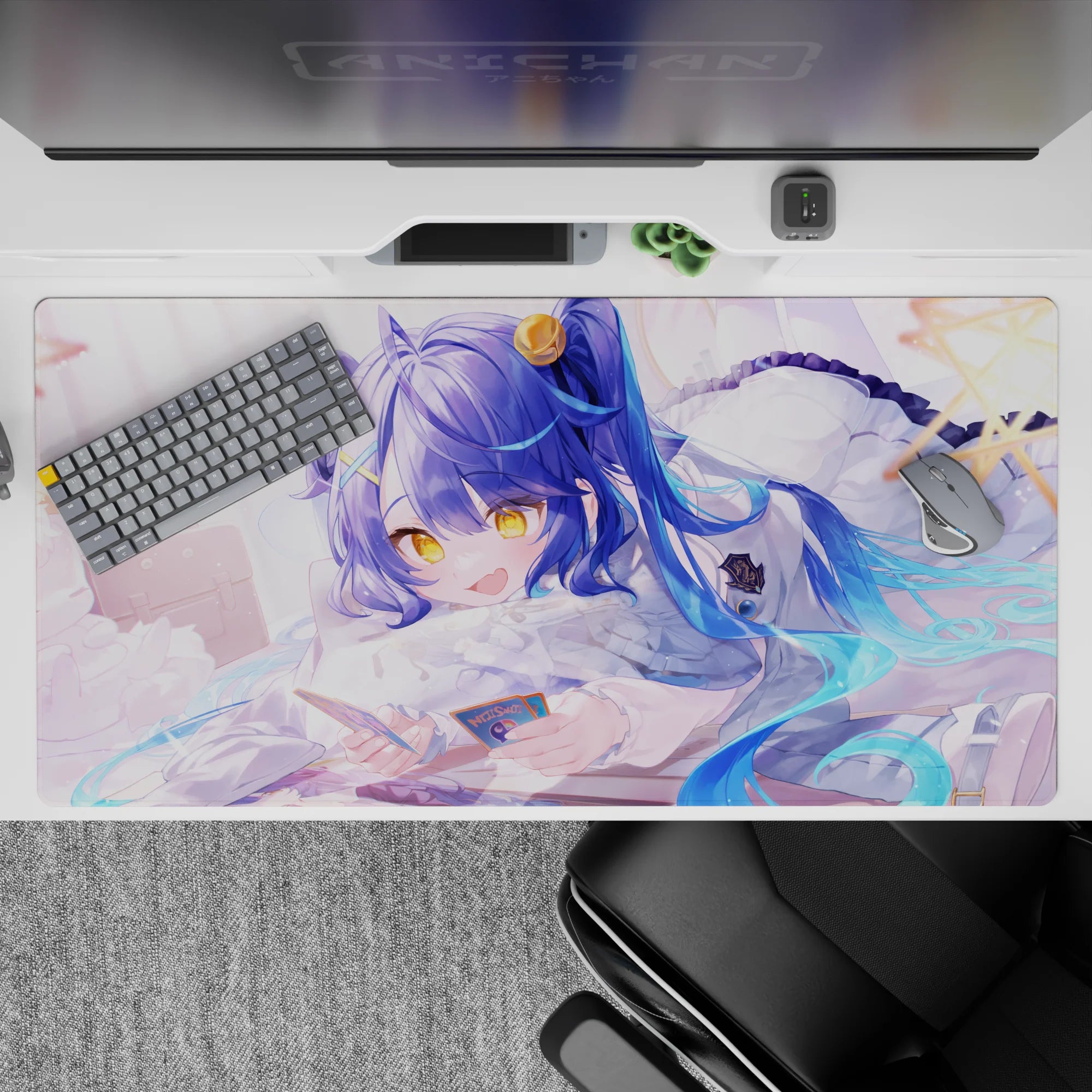 Cozy pastel anime desk pad 40x20 inches in creamy white, sky blue, and honey yellow for a sweet setup.