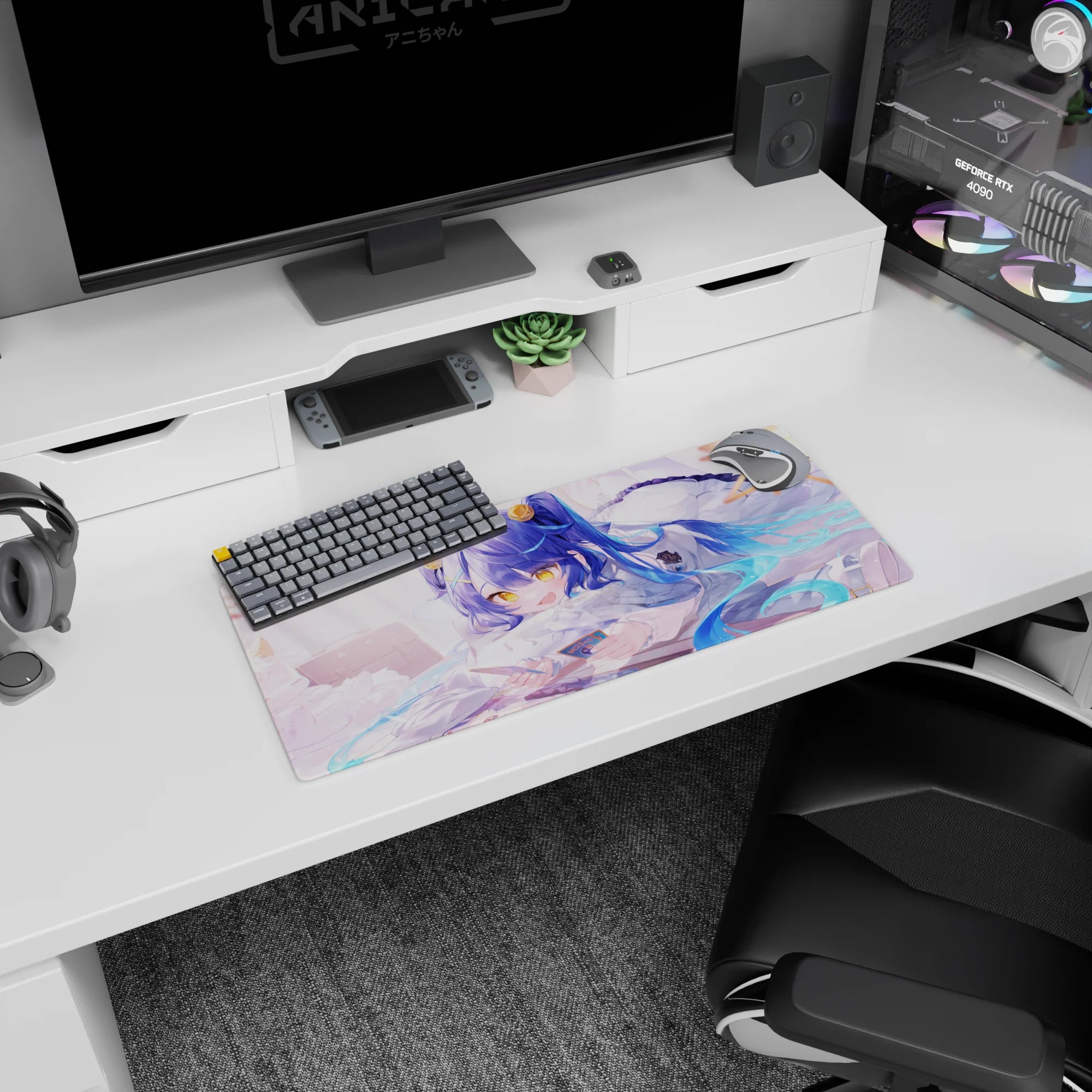 28x12 inches mouse pad showing bright-eyed blue-haired anime girl lounging with a card in hand, star motifs.