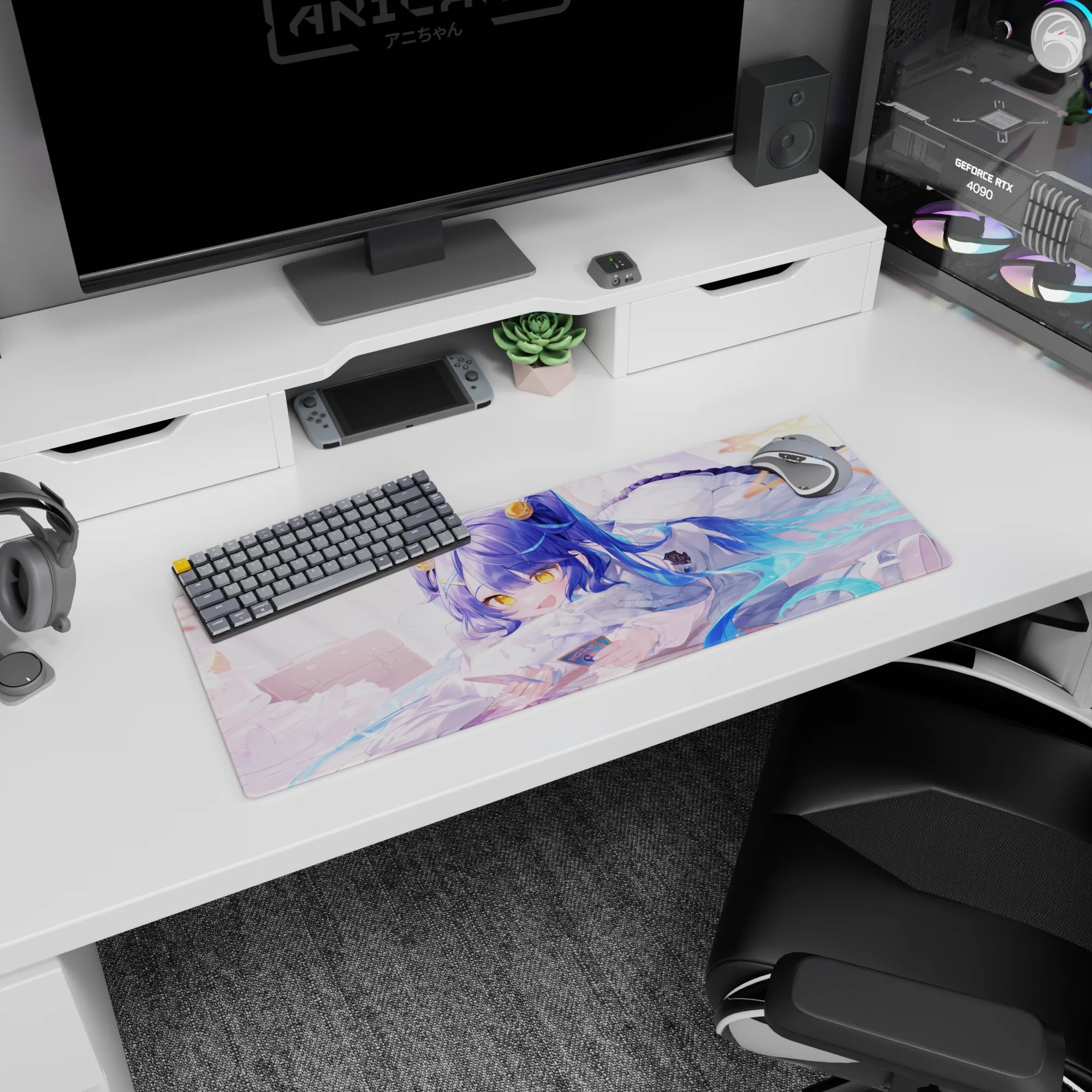 32x12 inches anime mouse pad showing a bright-eyed blue-haired girl lounging on a pillow holding a card.