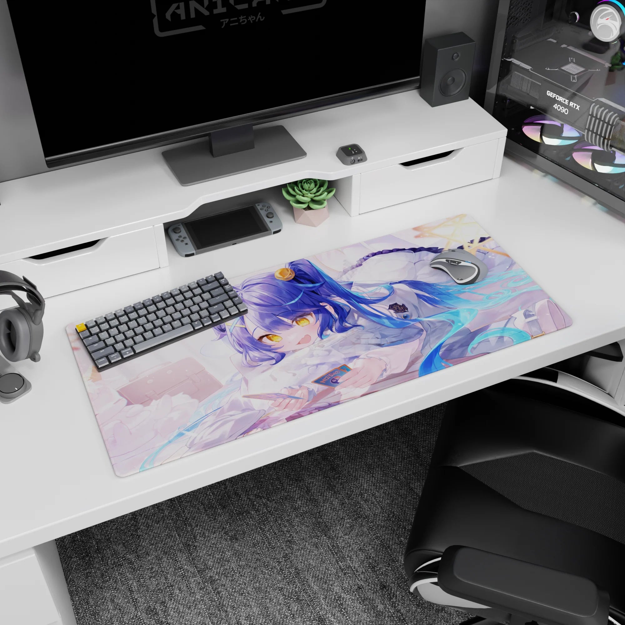 Blue-haired anime girl holding a card, lounging on a pillow with floating stars, desk pad 36x16 inches.