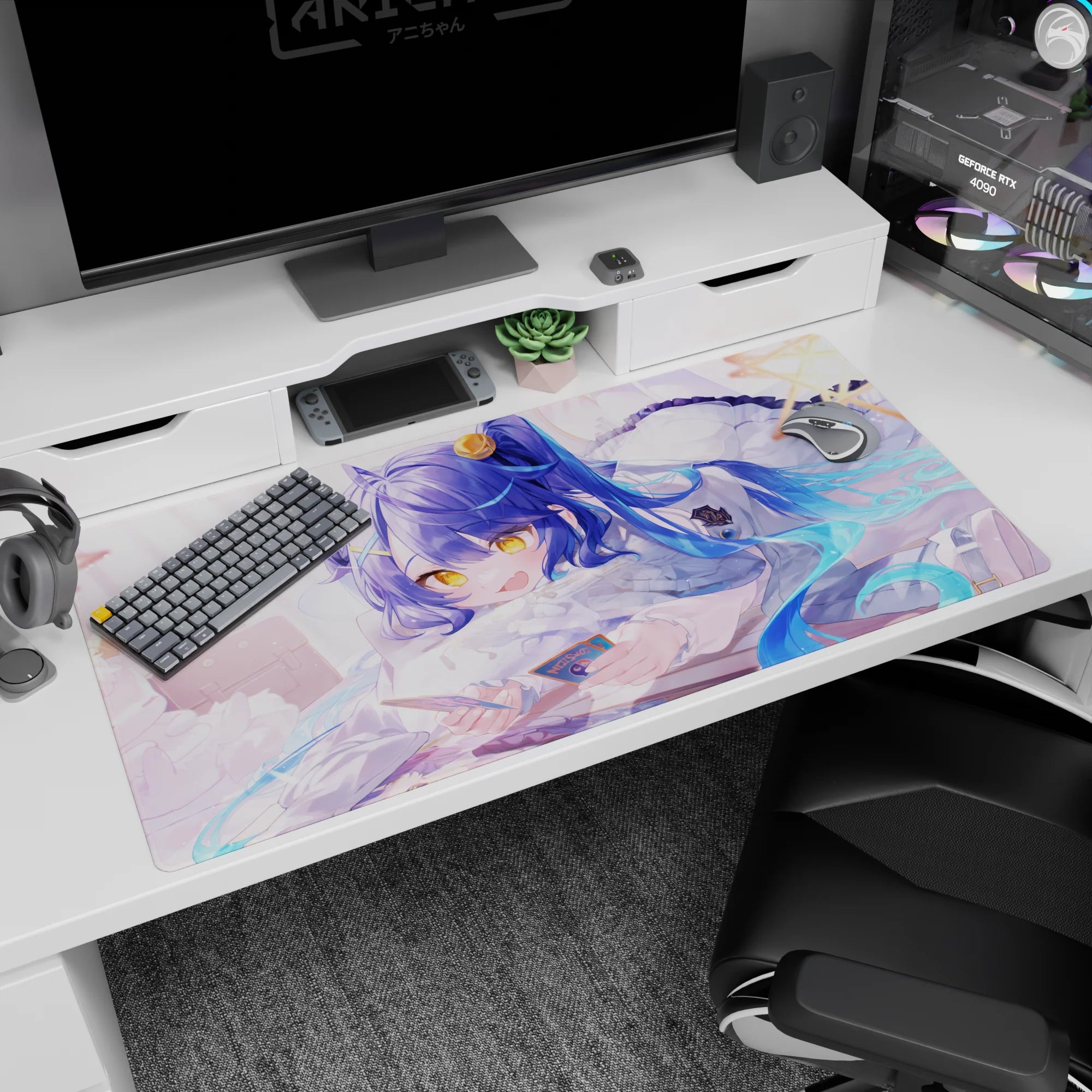 Blue-haired anime girl holding a card, lounging on a pillow with drifting stars, desk pad 40x20 inches.