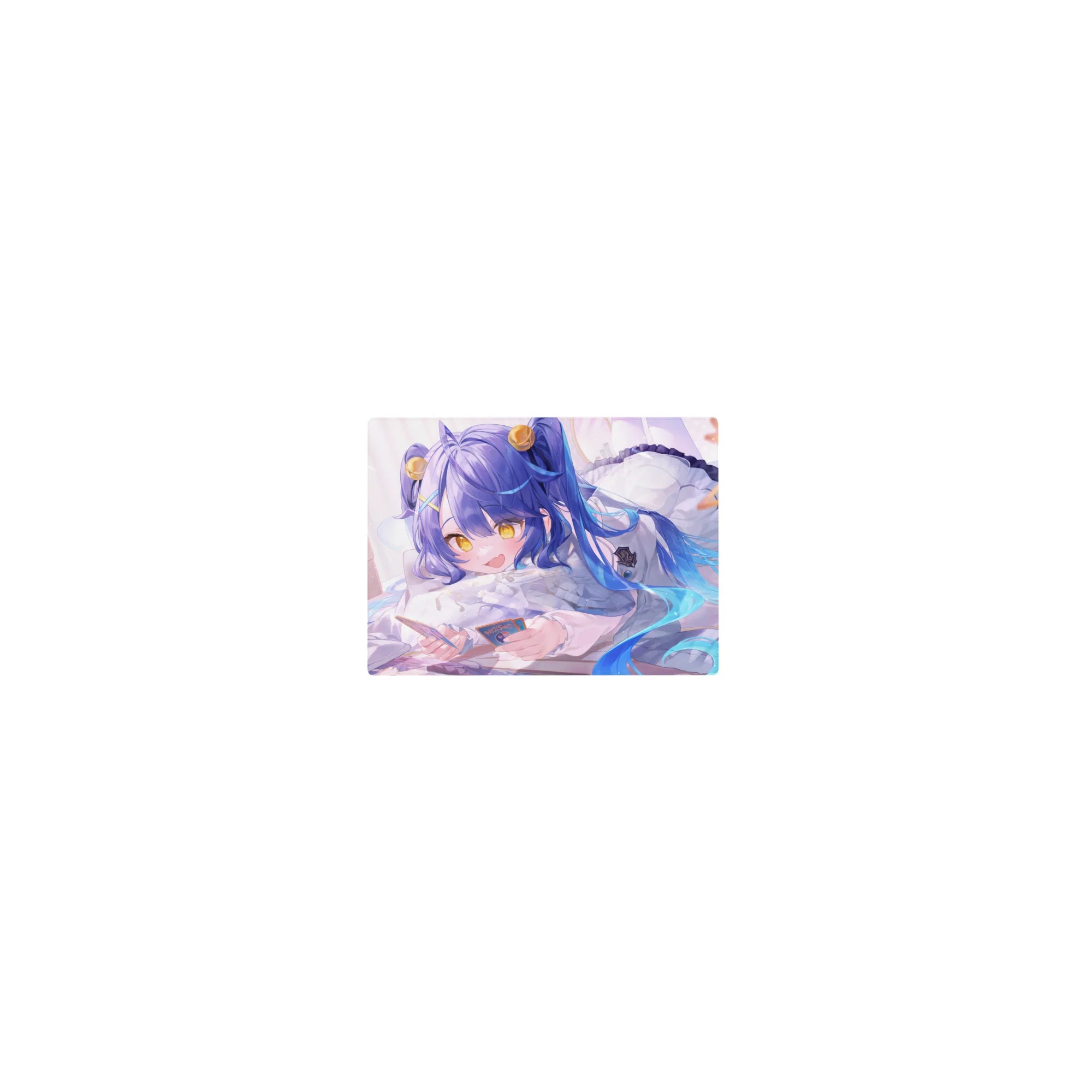 Classic anime girl mouse pad 14x10 inches with blue twin tails, gold accents, stars, and fluffy pillow art.