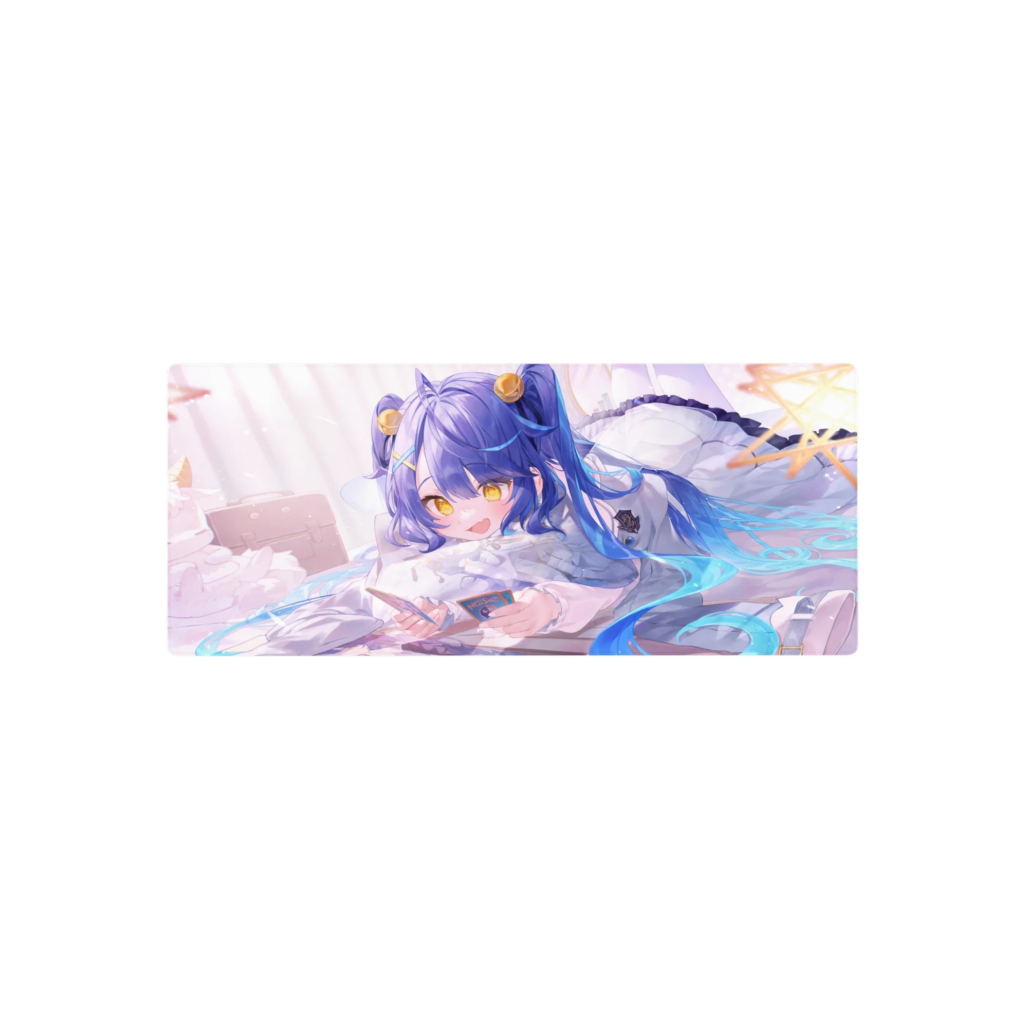 28x12 inches anime girl mouse pad with blue-haired girl on fluffy pillow, gold twin-tail accents, stars.
