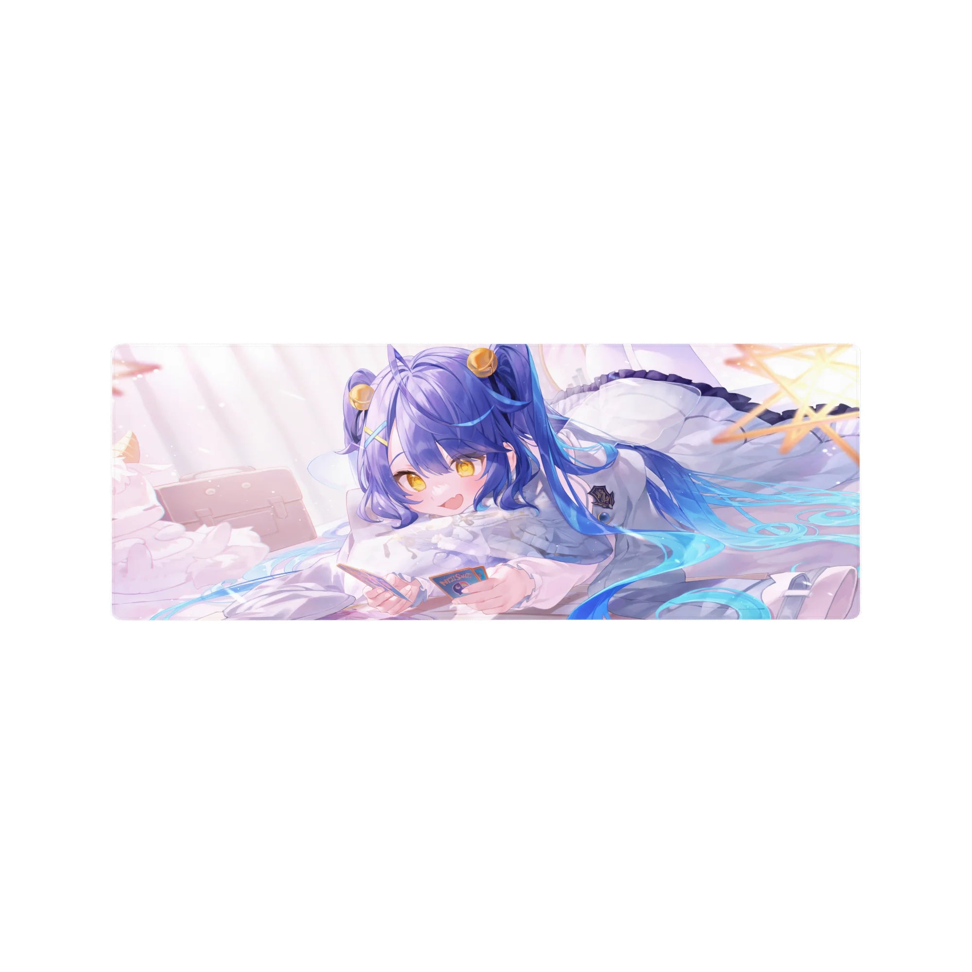 32x12 inches anime girl mouse pad with blue-haired twin tails, gold accents, fluffy pillow and star details.