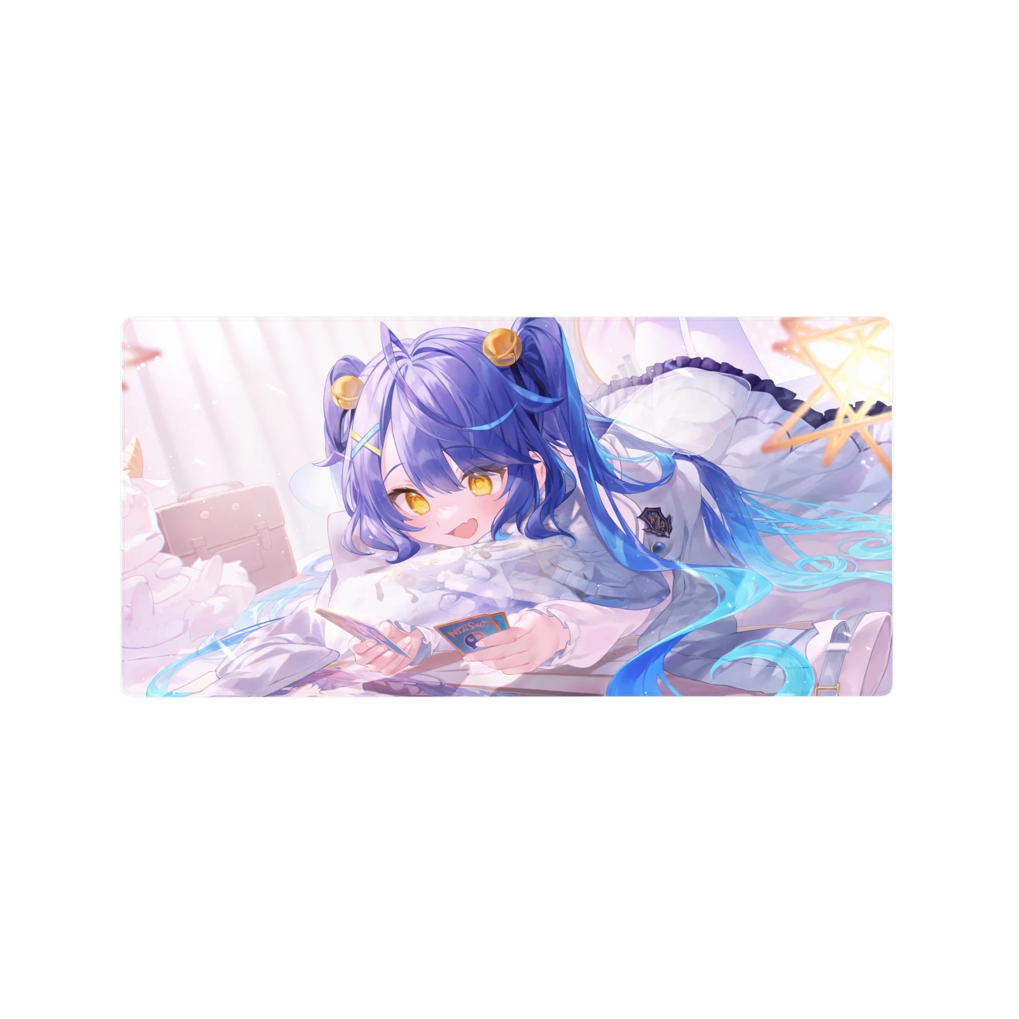 Anime girl mouse pad 32x16 inches with blue-haired cutie, twin tails, gold accents, stars, fluffy pillow.
