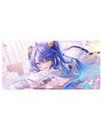 Anime girl mouse pad 32x16 inches with blue-haired cutie, twin tails, gold accents, stars, fluffy pillow.