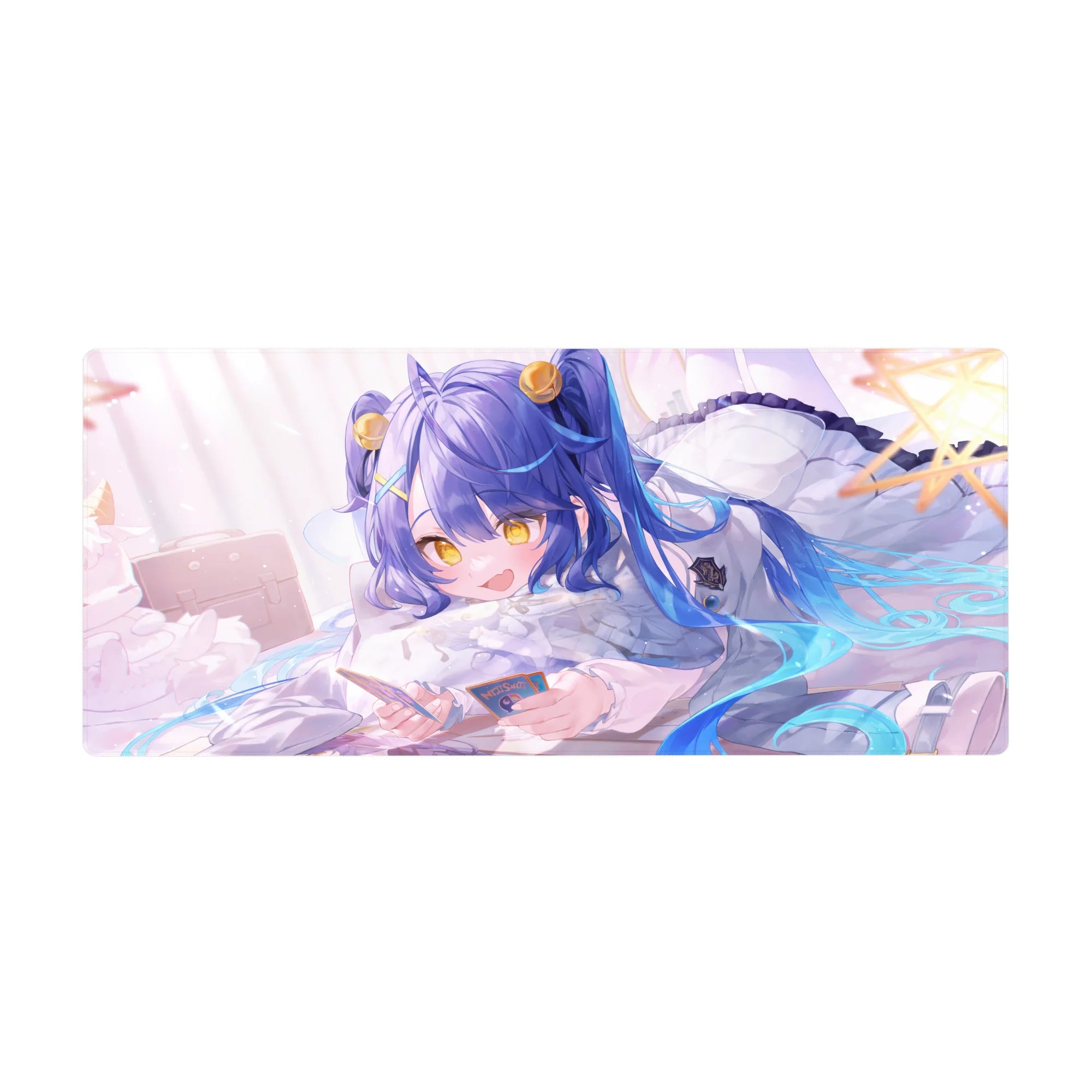 Anime girl desk pad 36x16 inches with blue-haired cutie on fluffy pillow, star accents, gold twin tails.