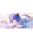 Anime girl desk pad 36x16 inches with blue-haired cutie on fluffy pillow, star accents, gold twin tails.