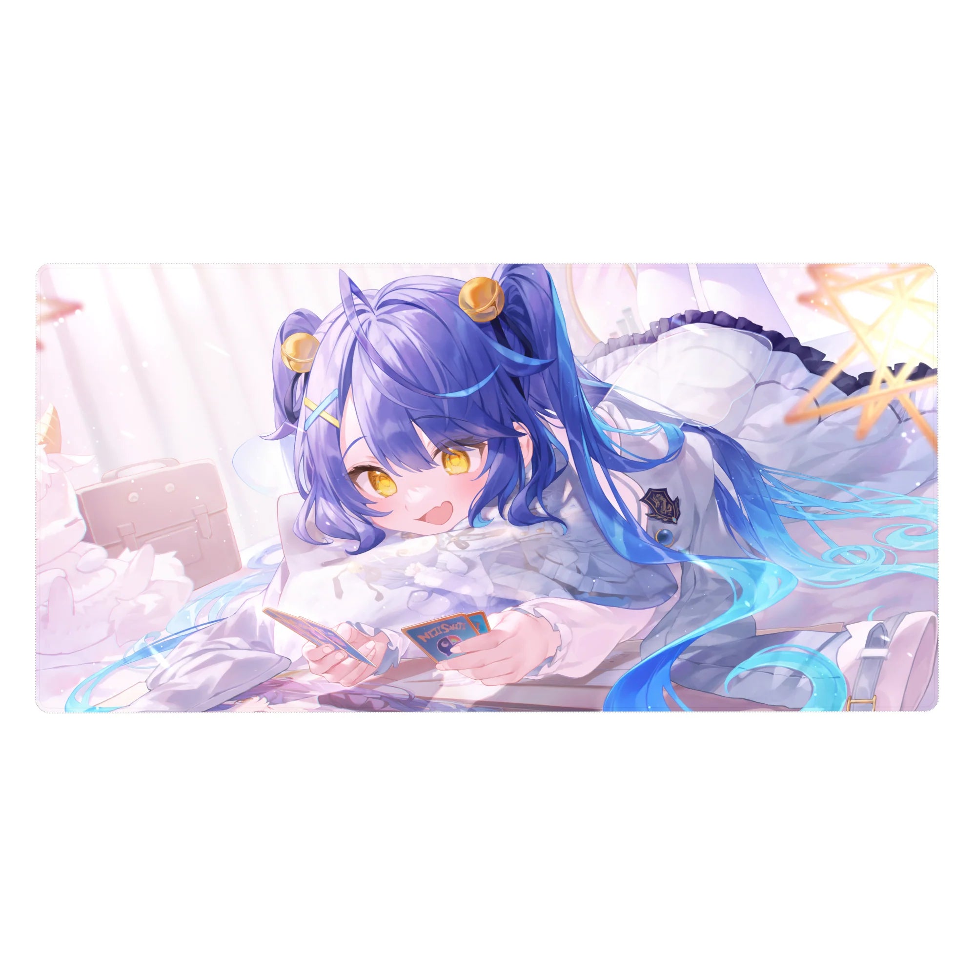Anime girl desk pad 40x20 inches with blue-haired cutie on fluffy pillow, stars and gold twin-tail accents.
