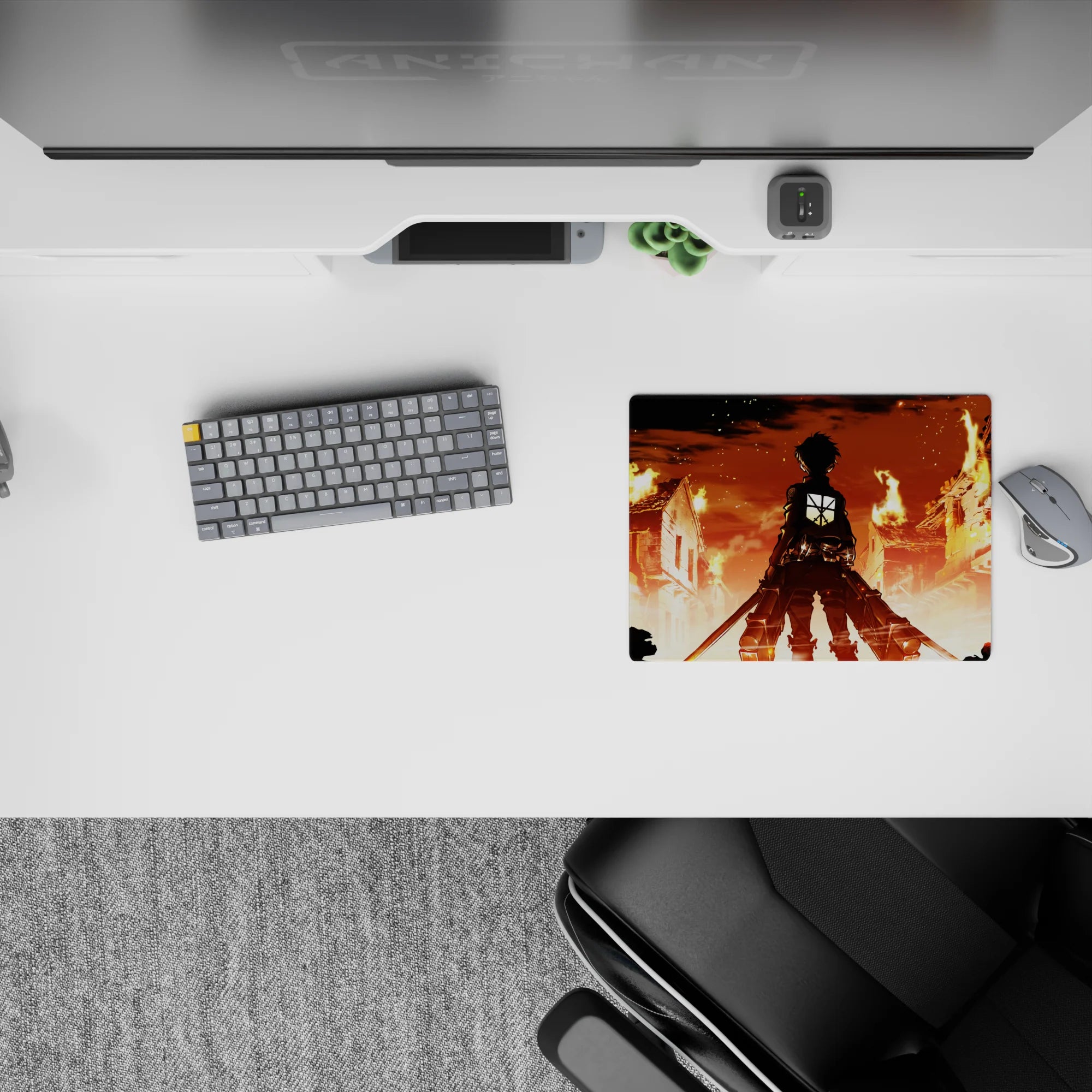 Attack on Titan anime mouse pad featuring Eren Yeager, size 14x10 inches, amidst a fiery cityscape with embers and smoke.