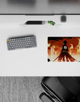 Attack on Titan anime mouse pad featuring Eren Yeager, size 14x10 inches, amidst a fiery cityscape with embers and smoke.