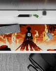 Anime mouse pad 36x16 inches featuring Eren Yeager from Attack on Titan, set against a fiery cityscape for dramatic flair.