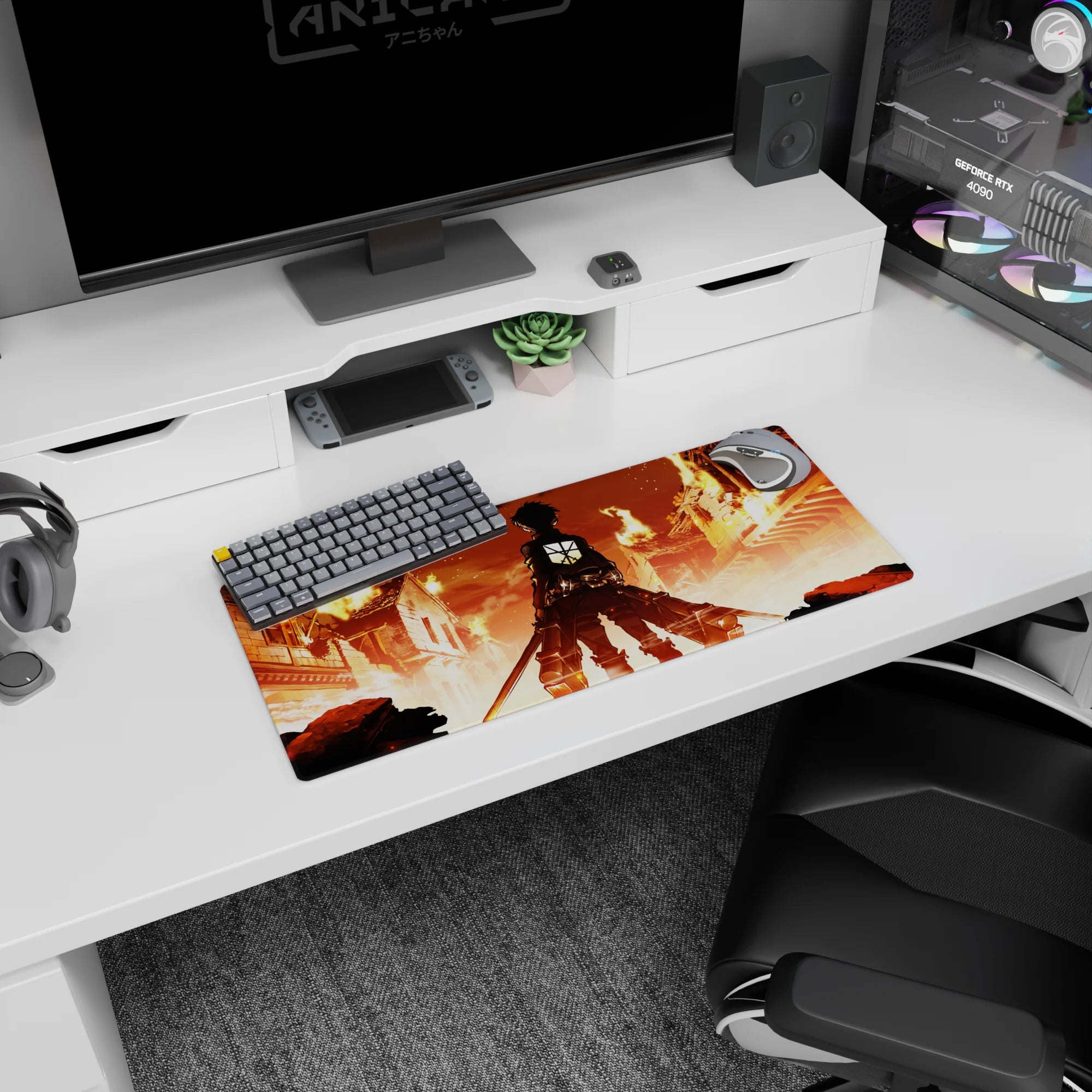 Eren Yeager from Attack on Titan stands amidst a city in flames on this 28x12 inches anime mouse pad, capturing a pivotal scene.